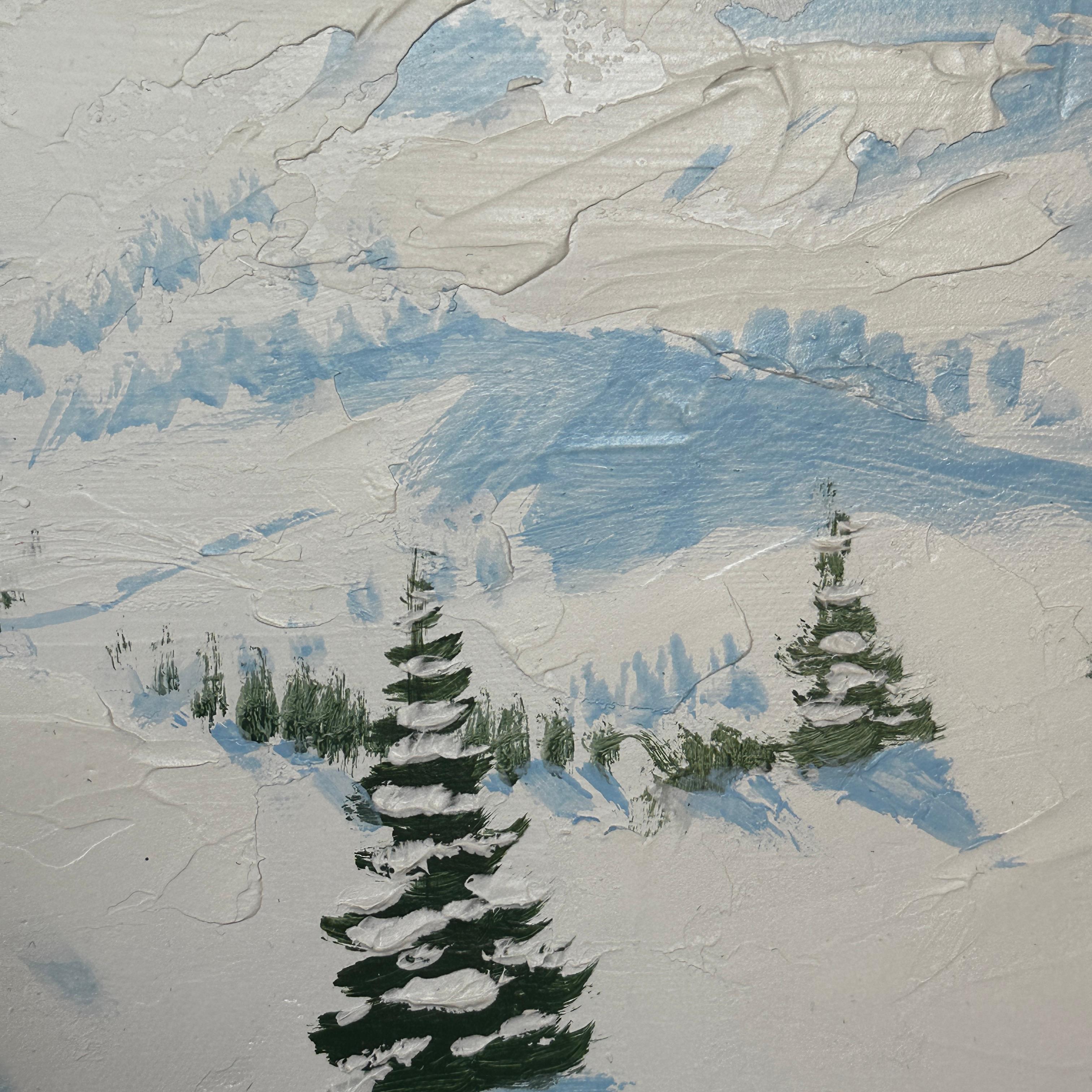 Peinture de paysage contemporaine « Down the Slopes » représentant des personnages sur des skis, des montagnes en vente 1