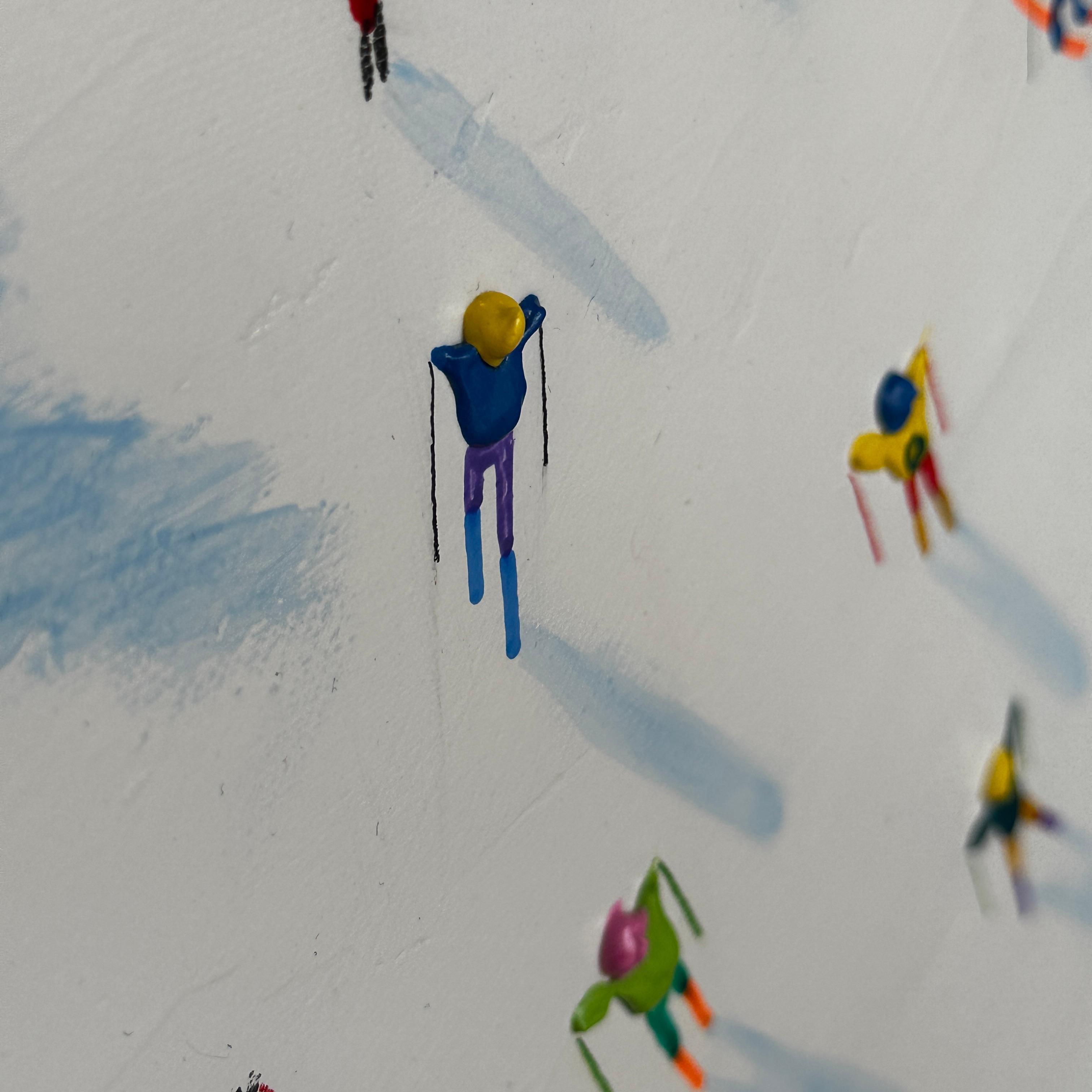'Down the Slopes' Contemporary landscape painting of figures on skiis, mountains For Sale 1