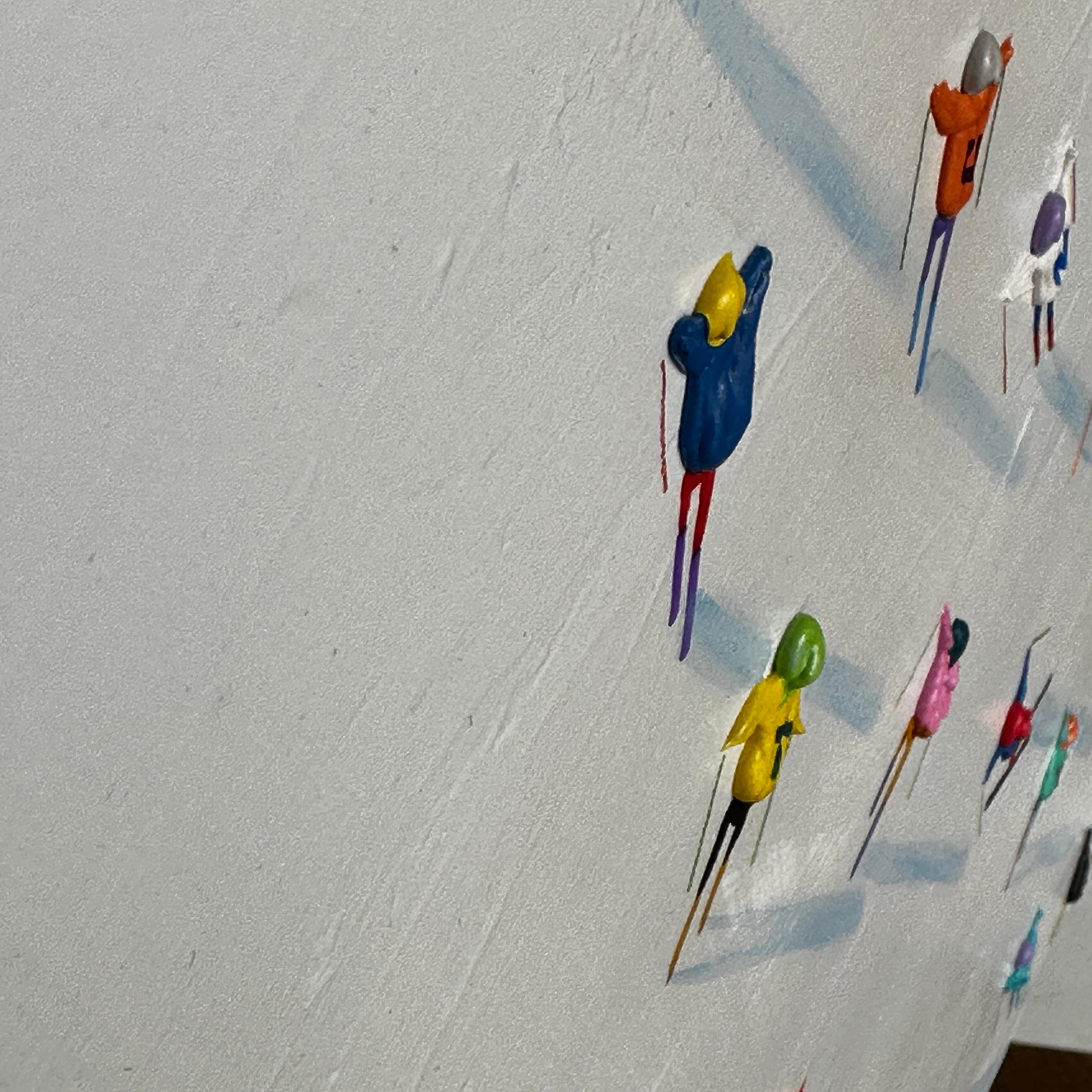 'Down the Slopes' Contemporary landscape painting of figures on skiis, mountains For Sale 2
