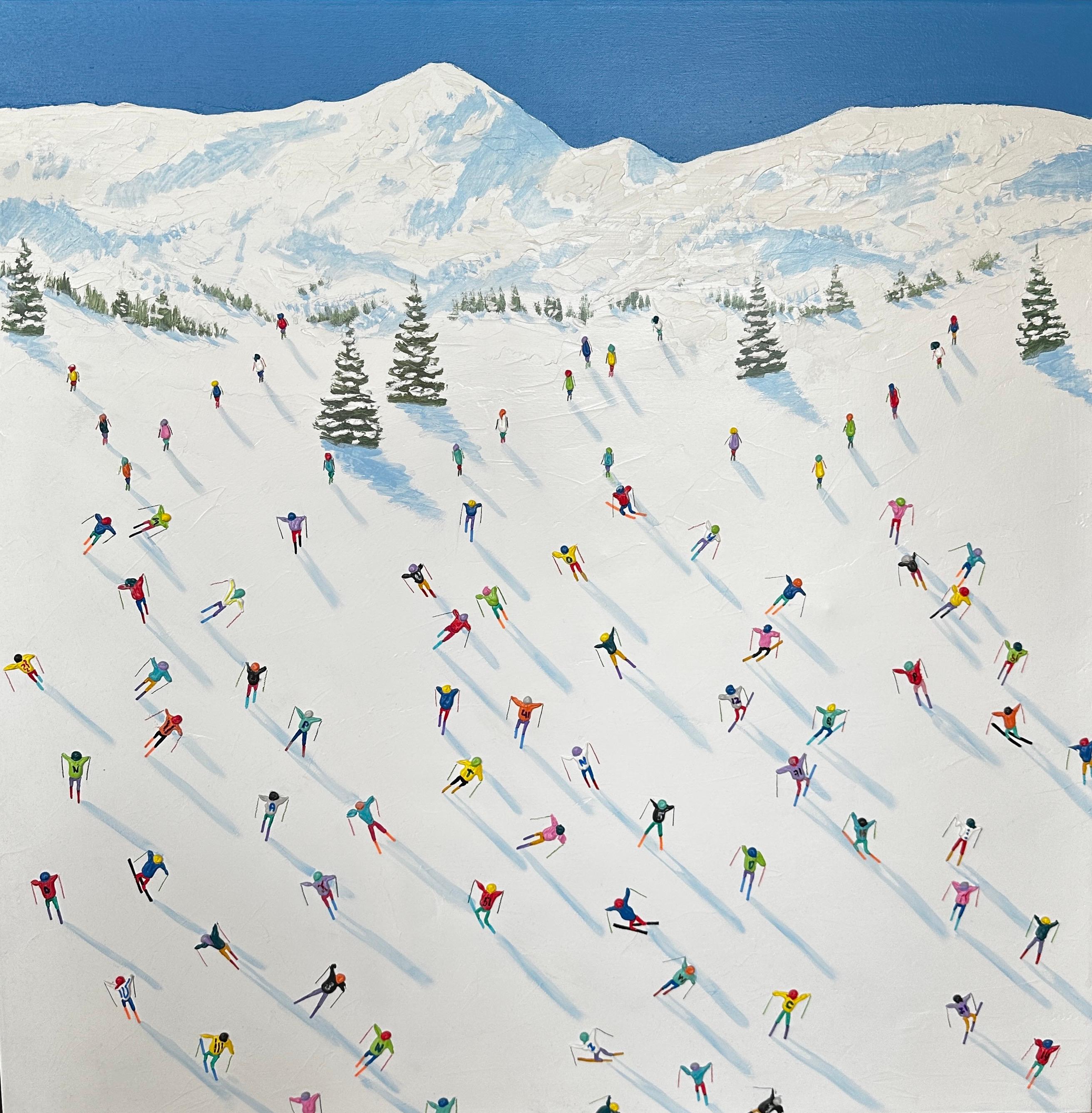 Landscape Painting Max Todd - Peinture de paysage contemporaine « Down the Slopes » représentant des personnages sur des skis, des montagnes