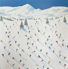 Peinture de paysage contemporaine « Down the Slopes » représentant des personnages sur des skis, des montagnes