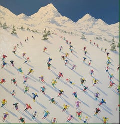 'Downhill Race' Contemporary 3D Landscape, Figurative Painting Skiiers & trees