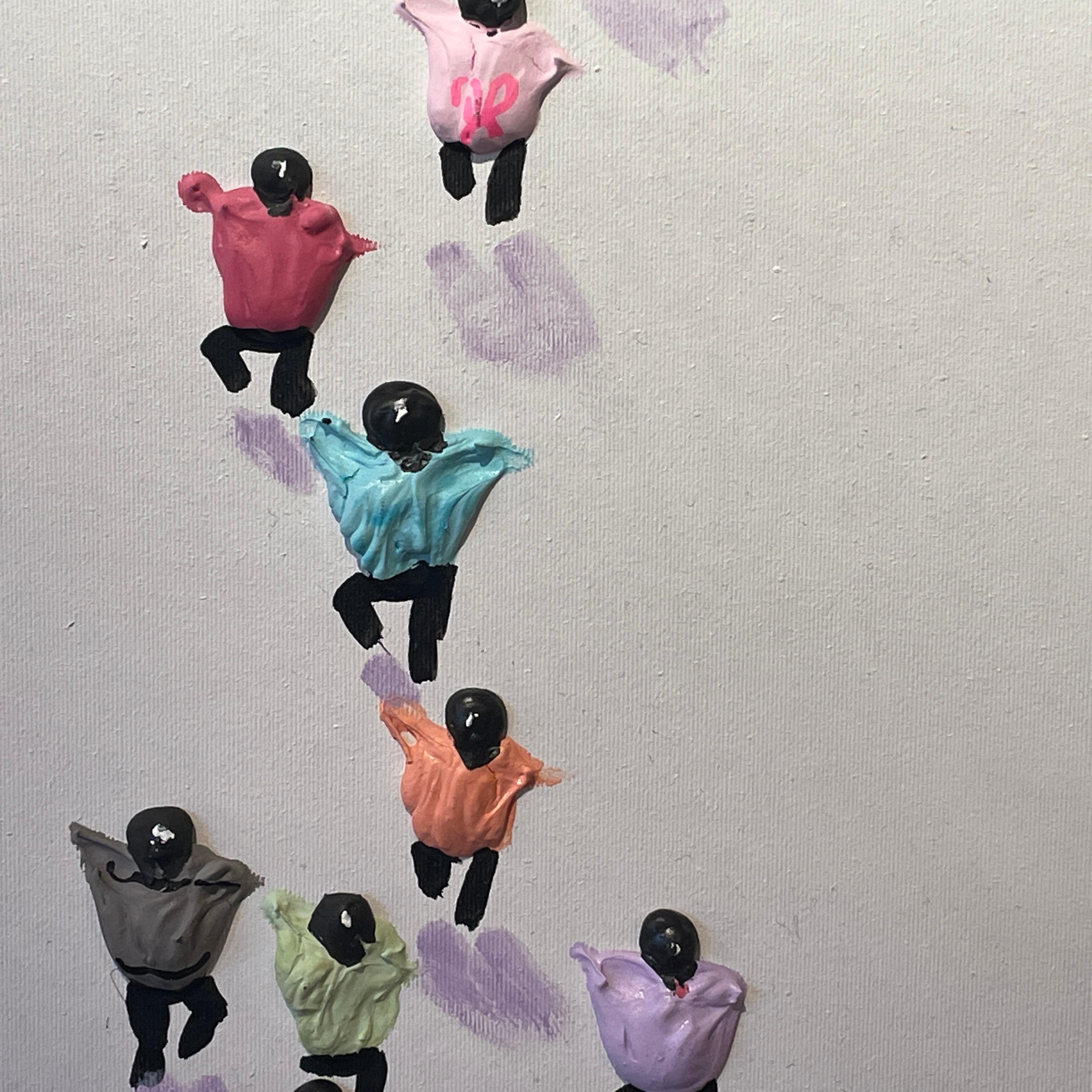 'Evening Crowd' Contemporary Colourful 3D painting of figures dancing, white For Sale 3