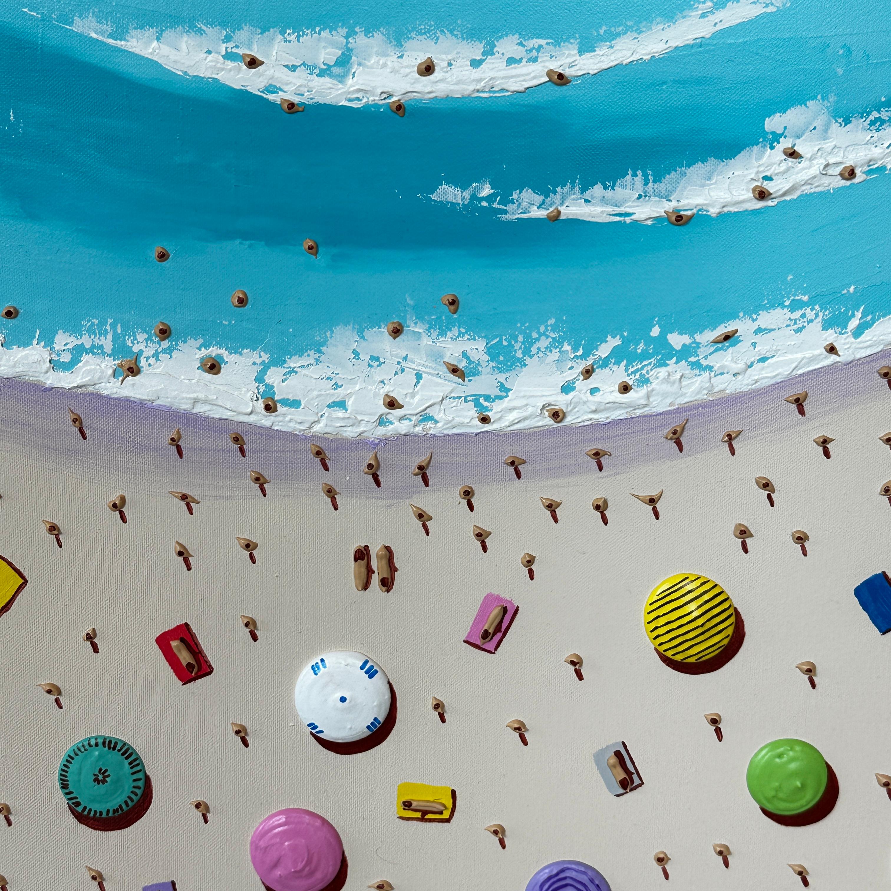 'Fun in the Sun' Colourful 3D Contemporary painting of the beach, umbrellas - Painting by Max Todd
