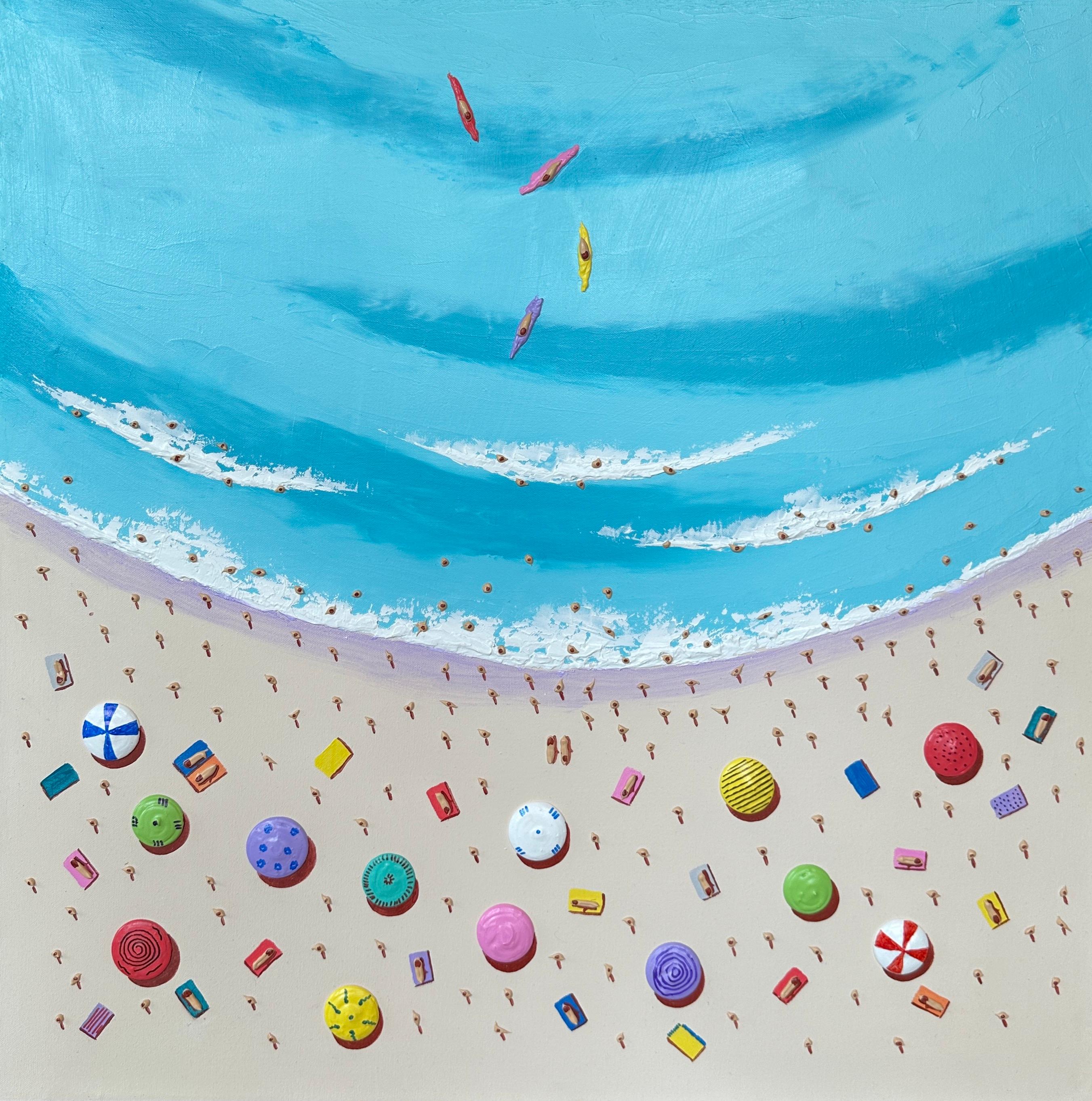 Max Todd Landscape Painting - 'Fun in the Sun' Colourful 3D Contemporary painting of the beach, umbrellas