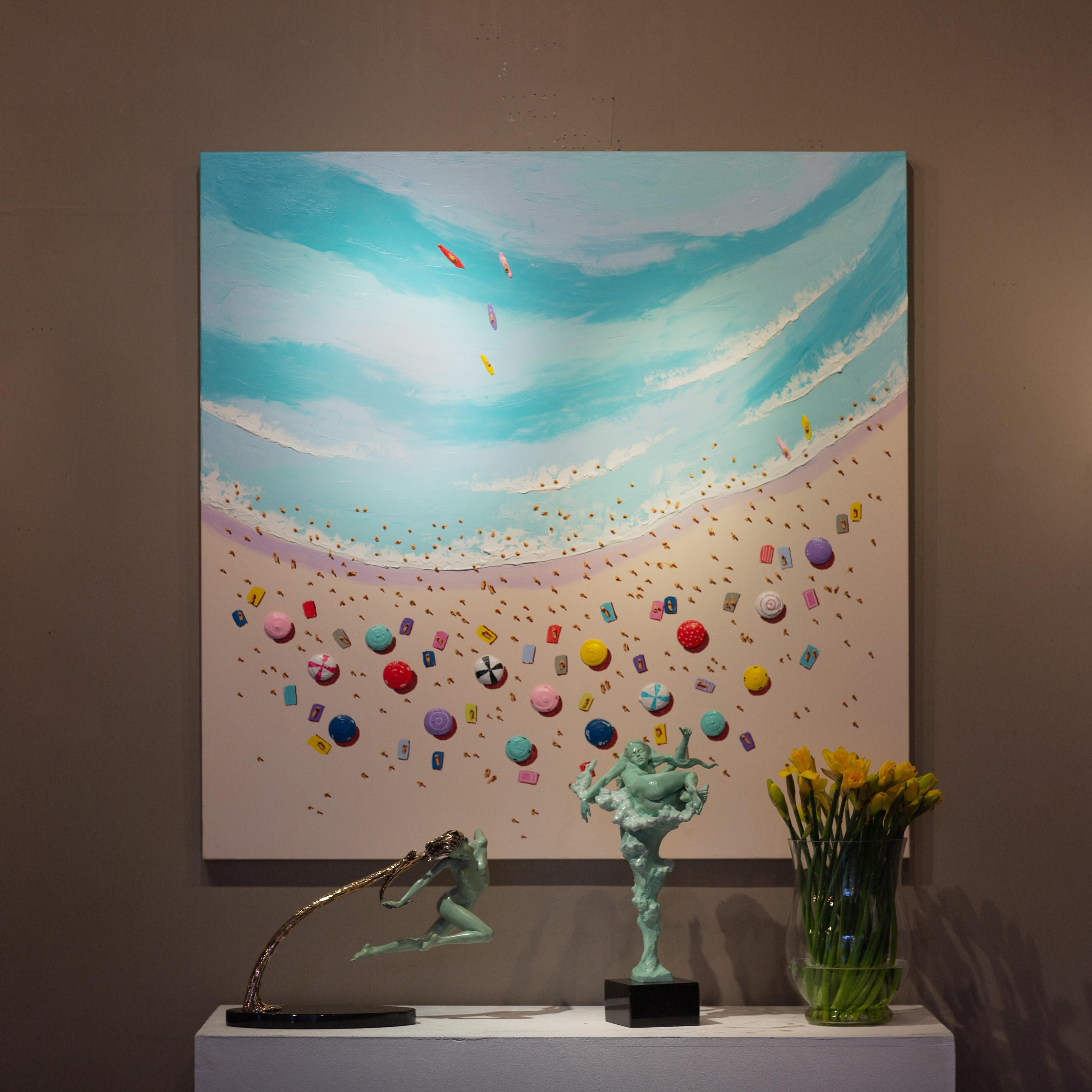 Paysage marin contemporain en 3D coloré avec personnages, eau et sable, bleu - Painting de Max Todd