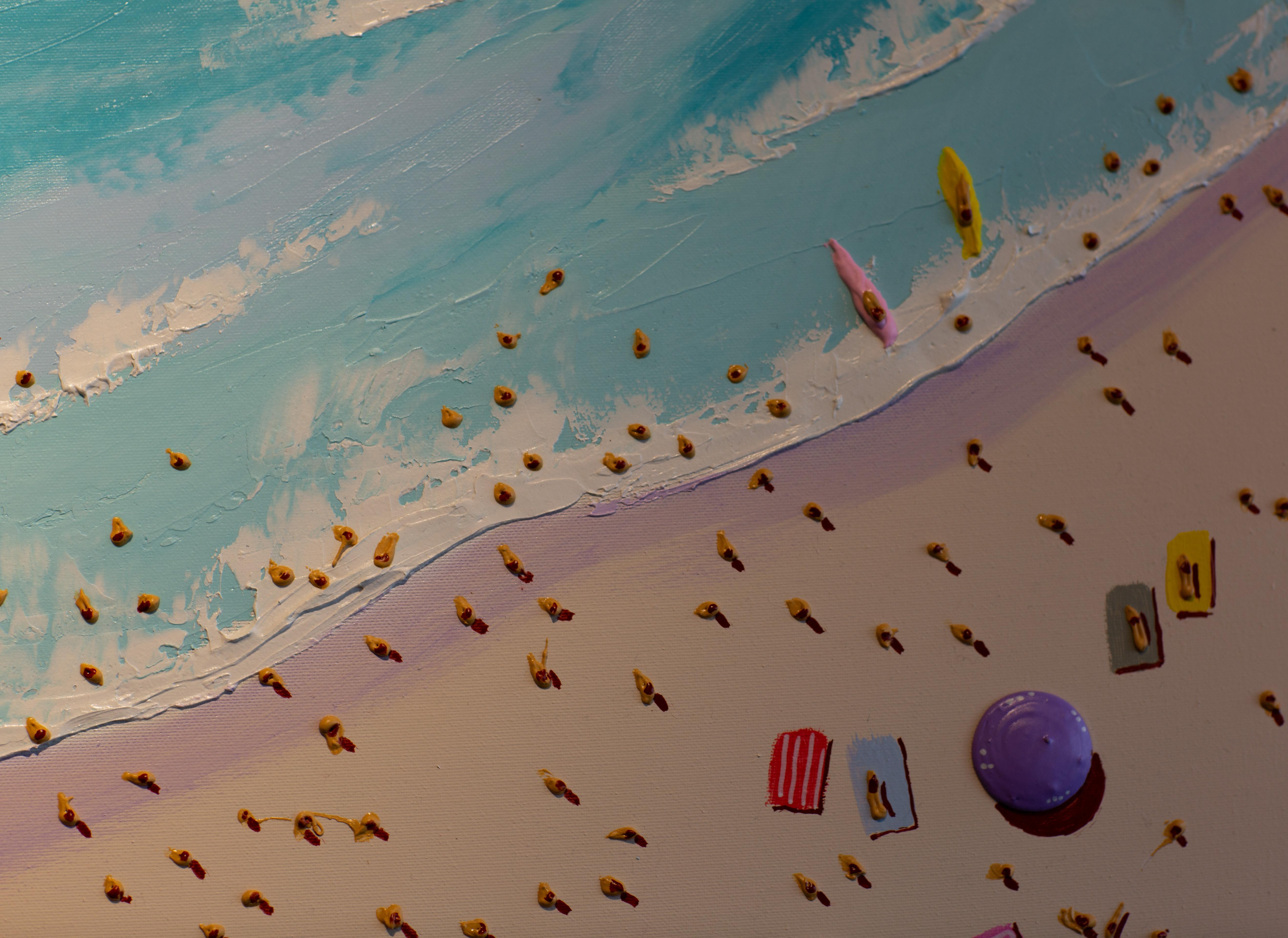 Paysage marin contemporain en 3D coloré avec personnages, eau et sable, bleu - Contemporain Painting par Max Todd