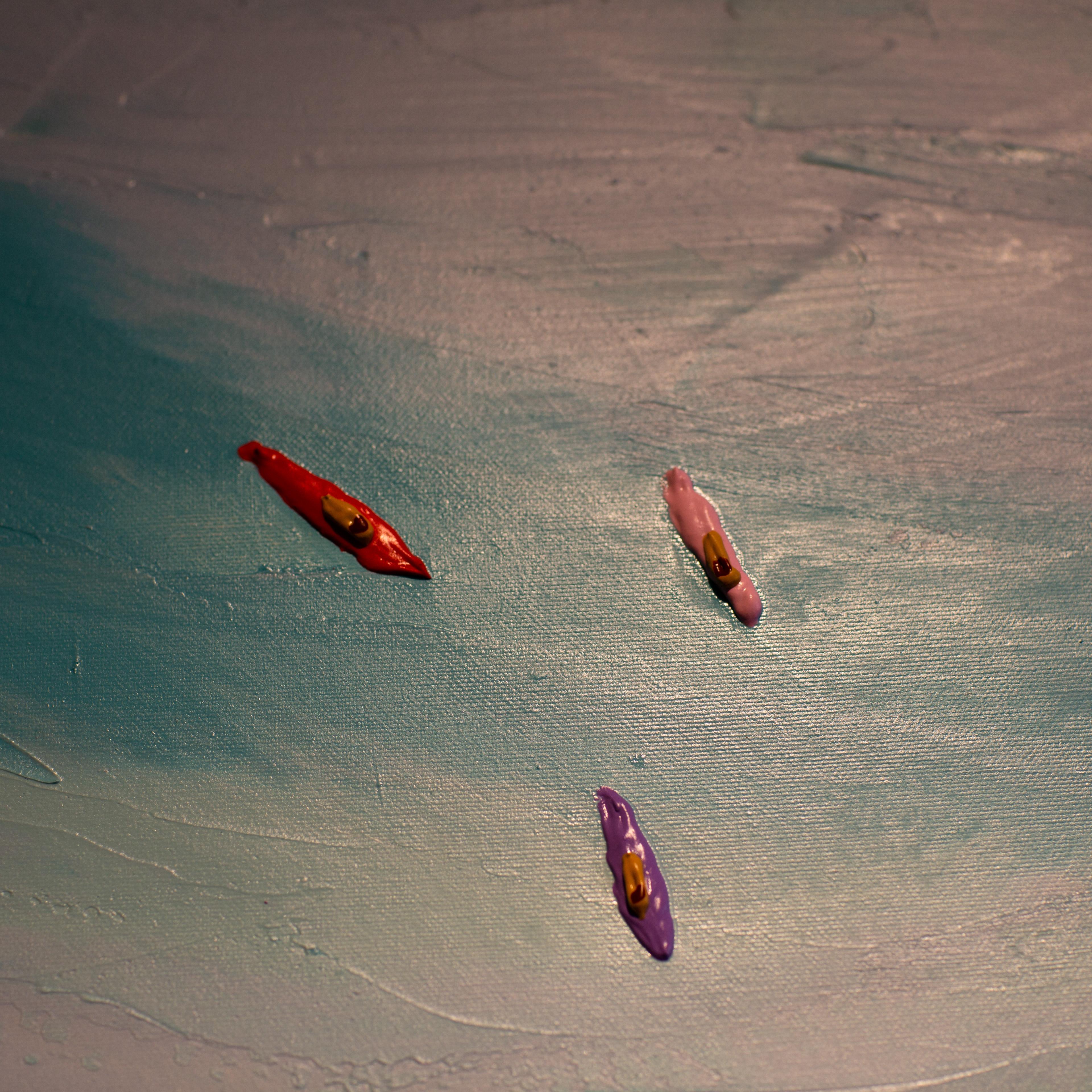 Paysage marin contemporain en 3D coloré avec personnages, eau et sable, bleu en vente 2