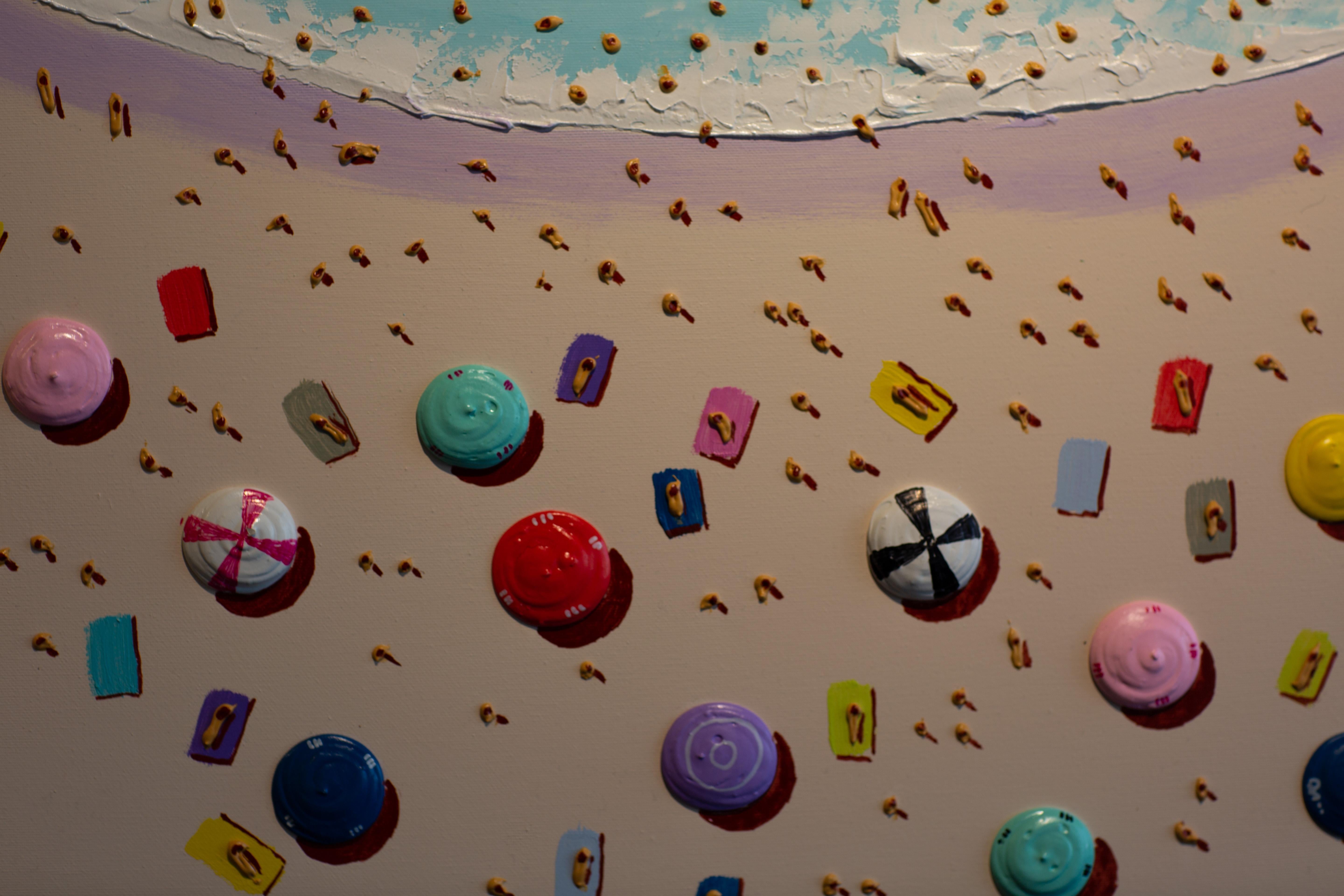 Paysage marin contemporain en 3D coloré avec personnages, eau et sable, bleu en vente 3