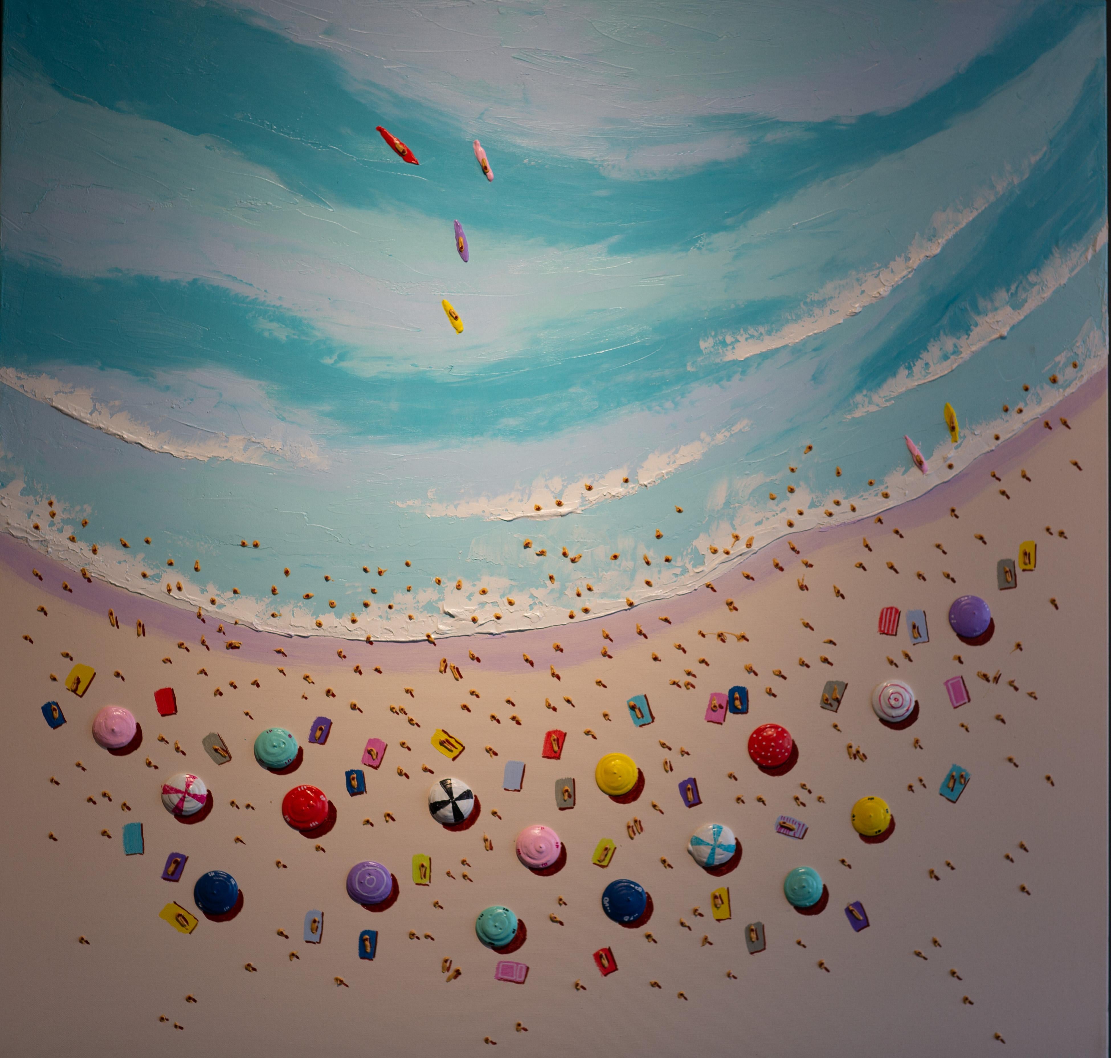 Landscape Painting Max Todd - Paysage marin contemporain en 3D coloré avec personnages, eau et sable, bleu