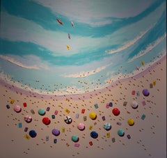 Paysage marin contemporain en 3D coloré avec personnages, eau et sable, bleu