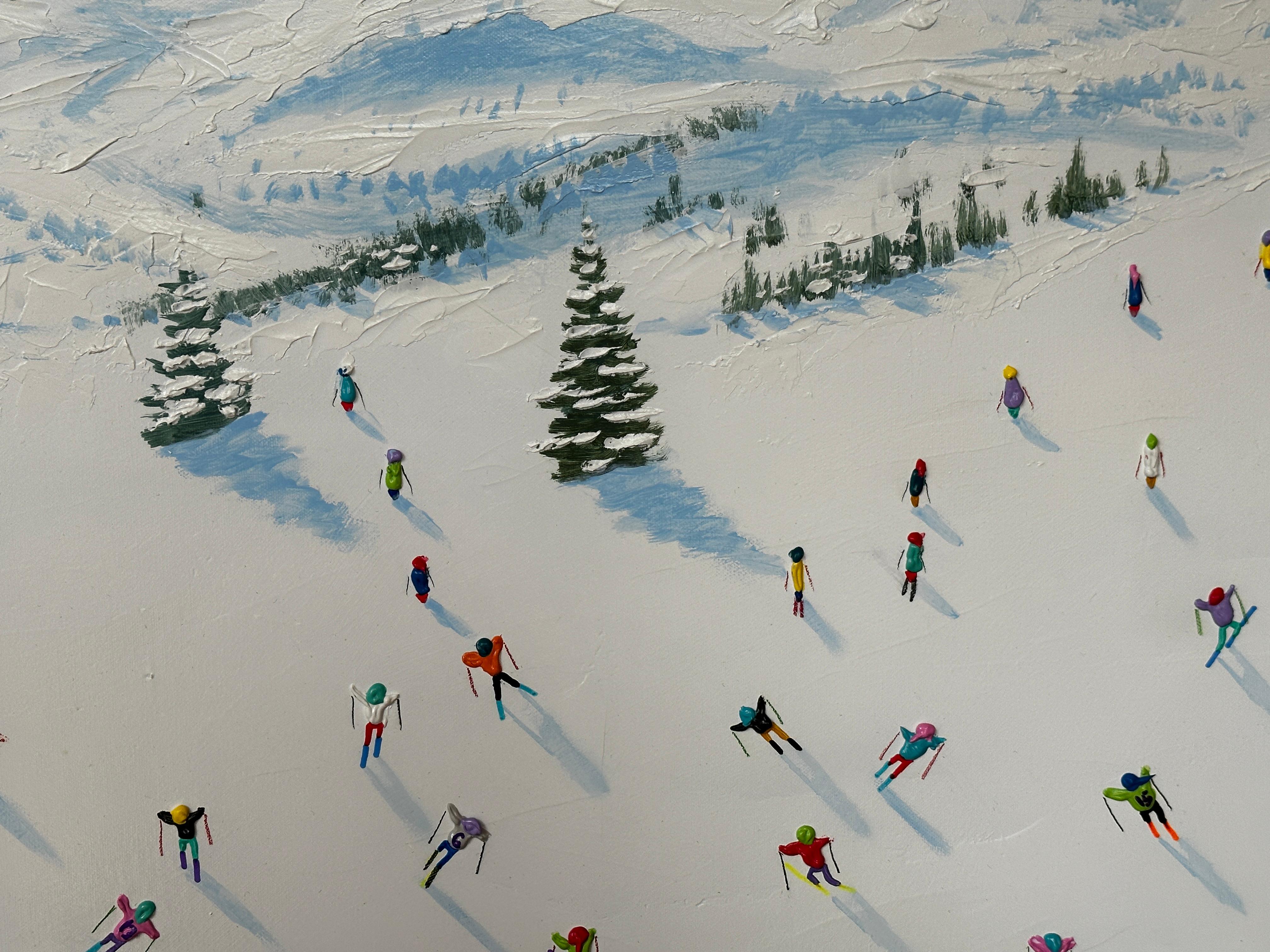 'Mountain Adventures' Contemporary landscape painting of figures skiing, blue - Painting by Max Todd