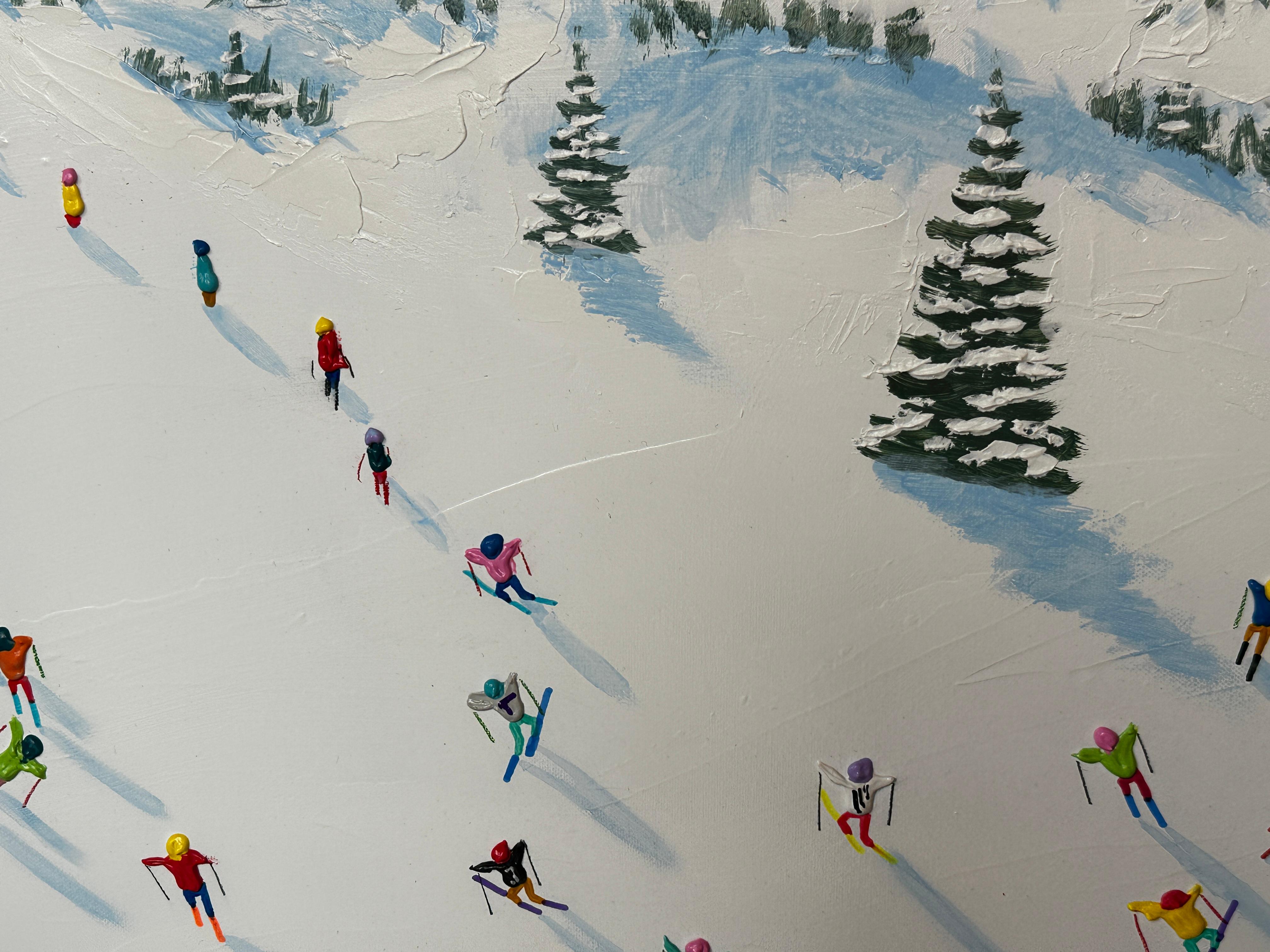 'Mountain Adventures' is a fun and vibrant contemporary 3D painting of skiers, mountains, trees and figures by Max Todd. Inspired by skiing holidays Todd has created a work that makes you dream of the slopes! 

Max Todd uses contemporary techniques