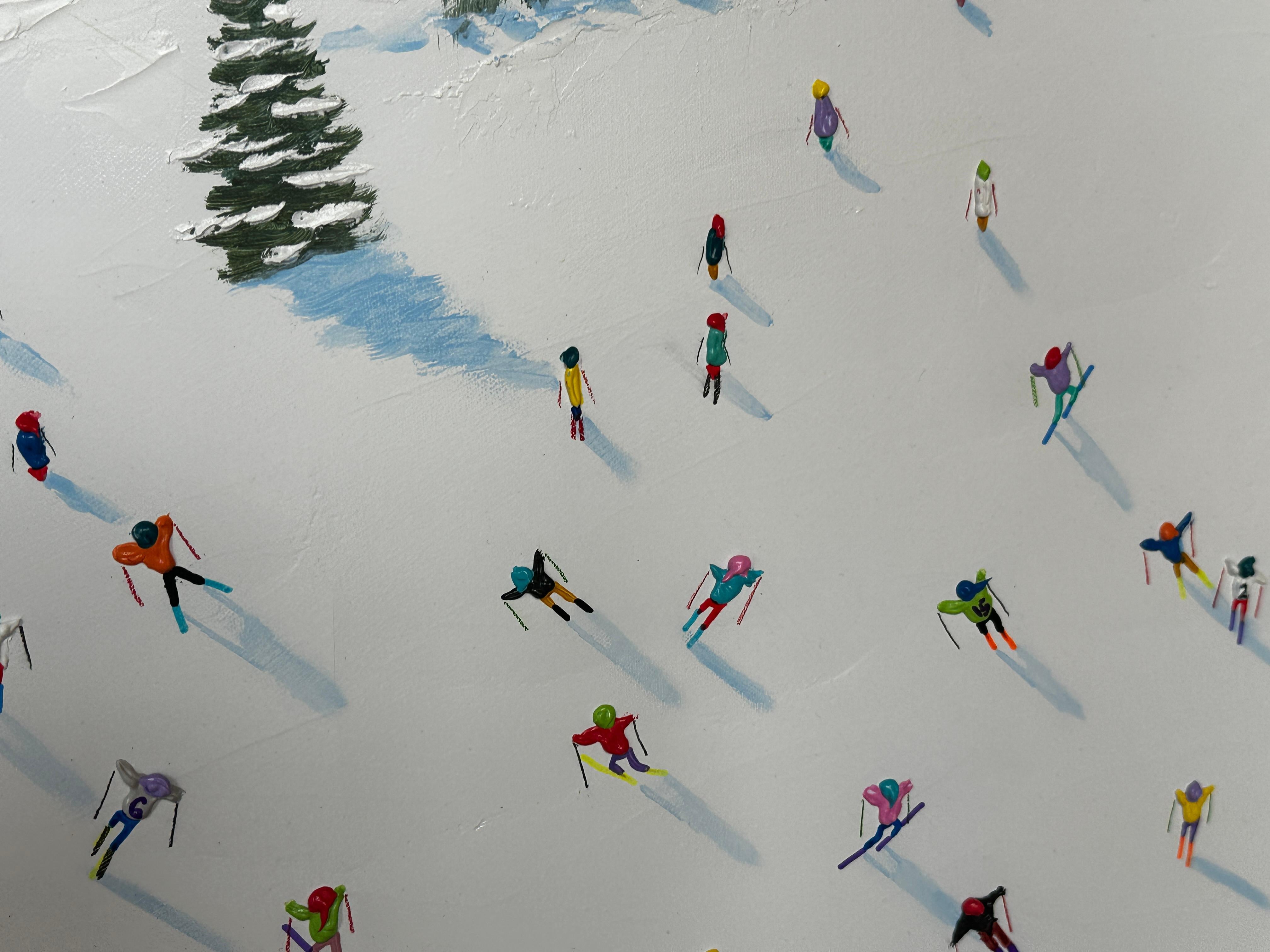 'Mountain Adventures' Contemporary landscape painting of figures skiing, blue For Sale 2