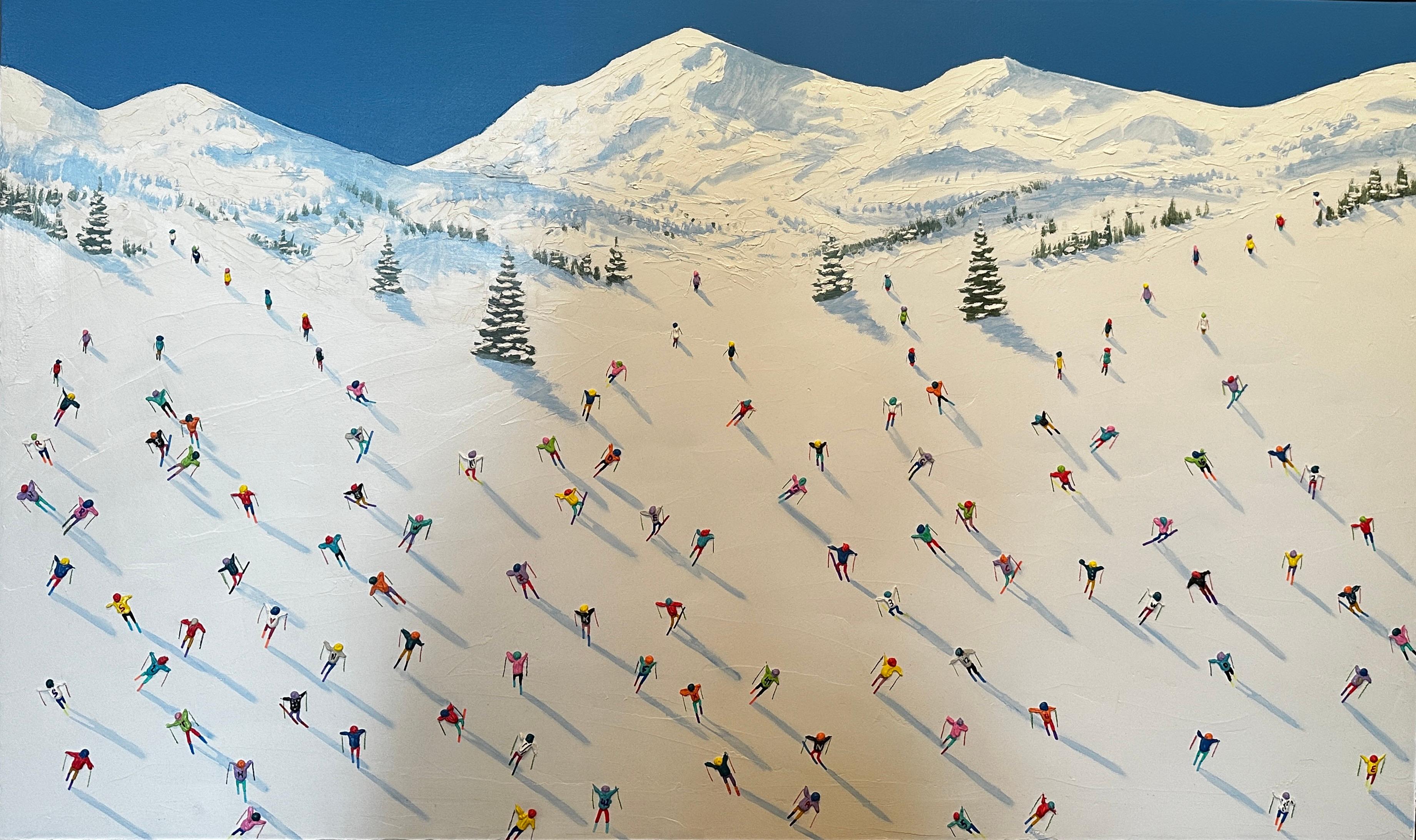Max Todd Landscape Painting - 'Mountain Adventures' Contemporary landscape painting of figures skiing, blue