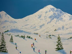 Mountain Guide' Peinture figurative contemporaine de skieurs sur une montagne