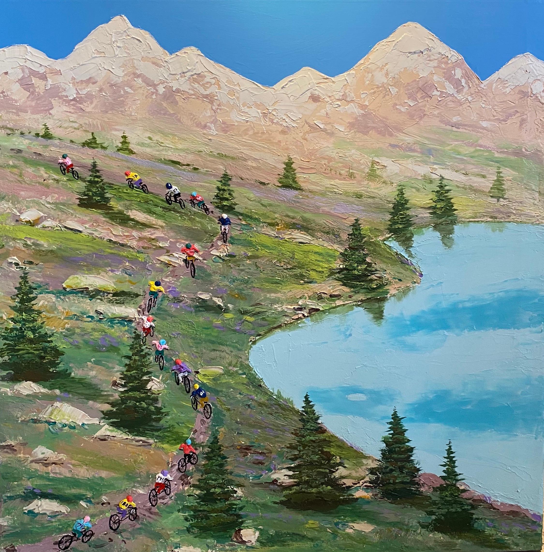 'Off the Beaten Track' Contemporary 3D Landscape Cycling Painting of Mountains