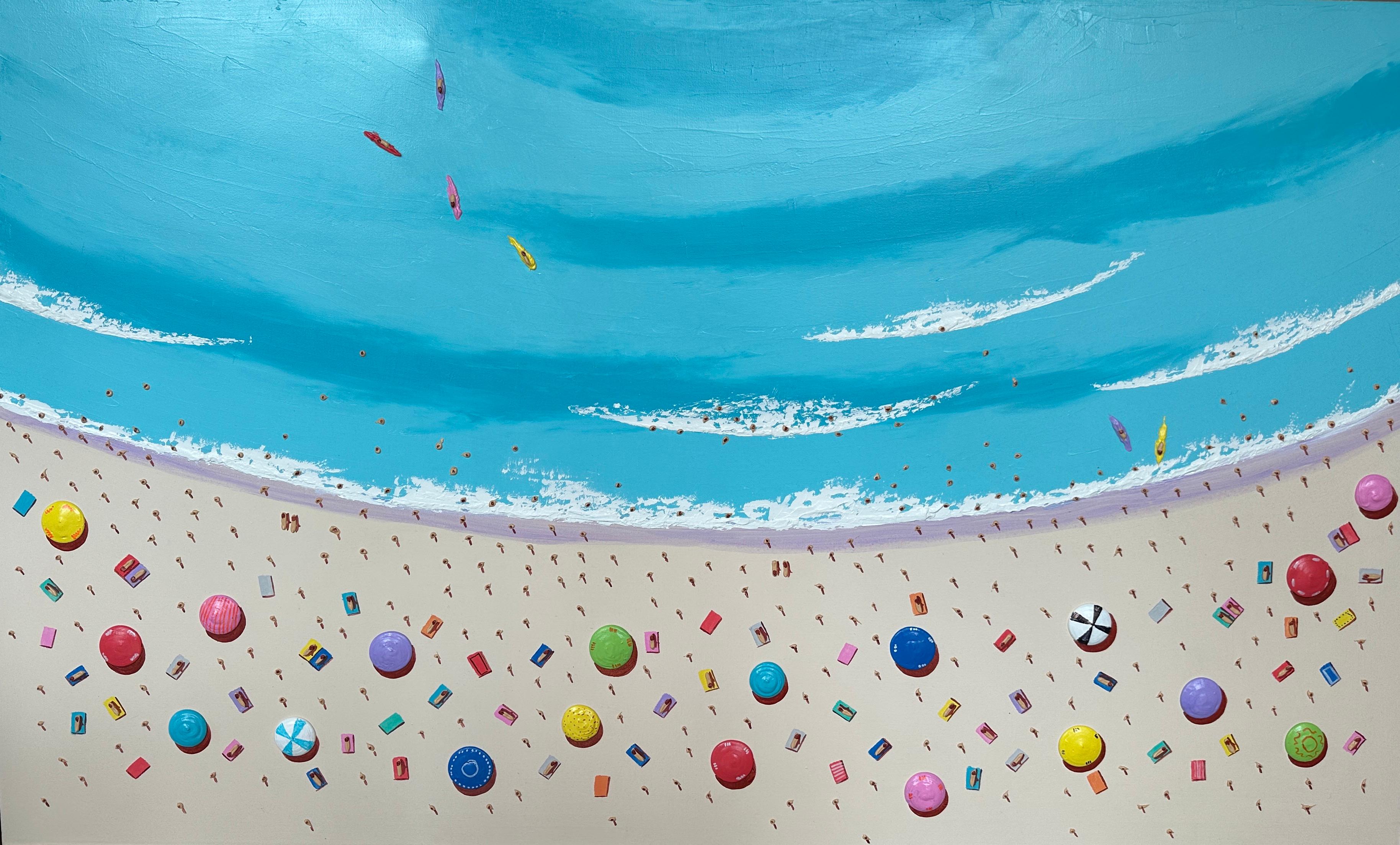 Max Todd Landscape Painting - 'On the Beach' Colourful 3D Contemporary landscape painting, sea, water, beach