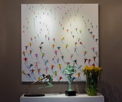 'Giorni di scuola di sci' Colorato quadro figurativo contemporaneo in 3D di sciatori, bianco