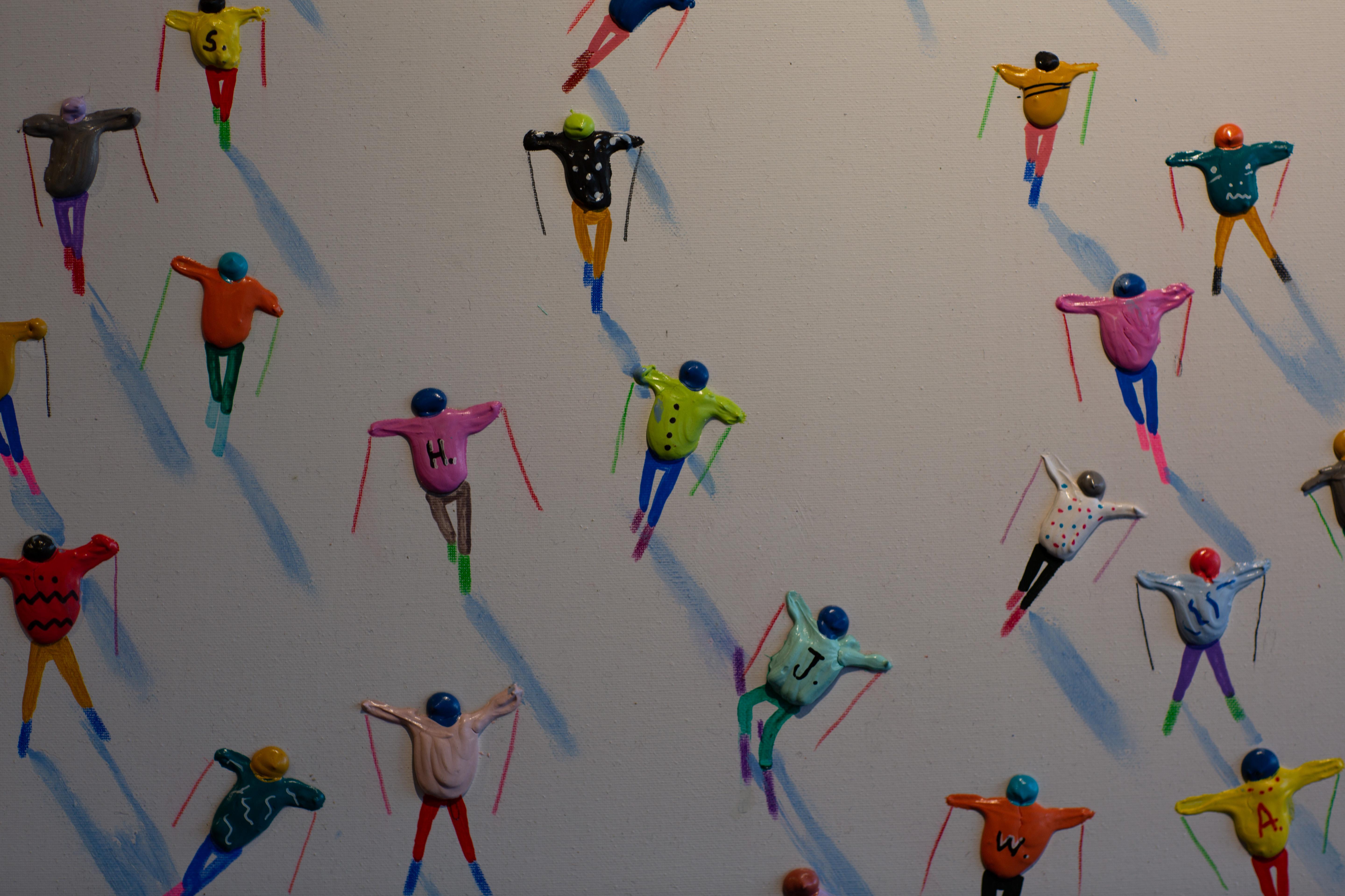 'Ski School Days' Colourful Contemporary 3D Figurative painting of skiers, white 1