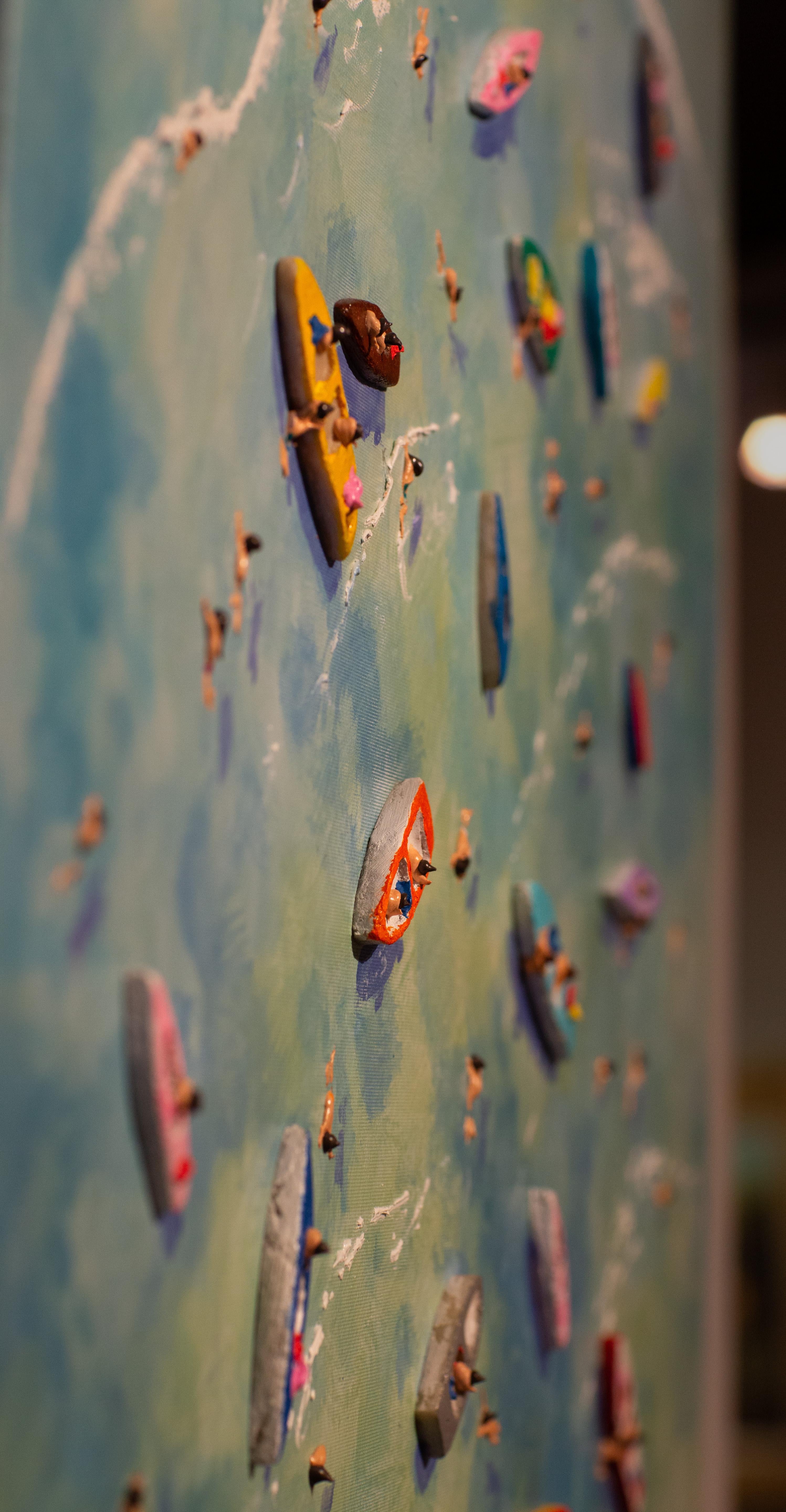 'Staying Afloat' is a fun and vibrant contemporary 3D figurative painting of colourful figures and colourful boats on the water. 

Max Todd uses contemporary techniques to produce his works & the 3D dimension makes Max Todd’s pieces so