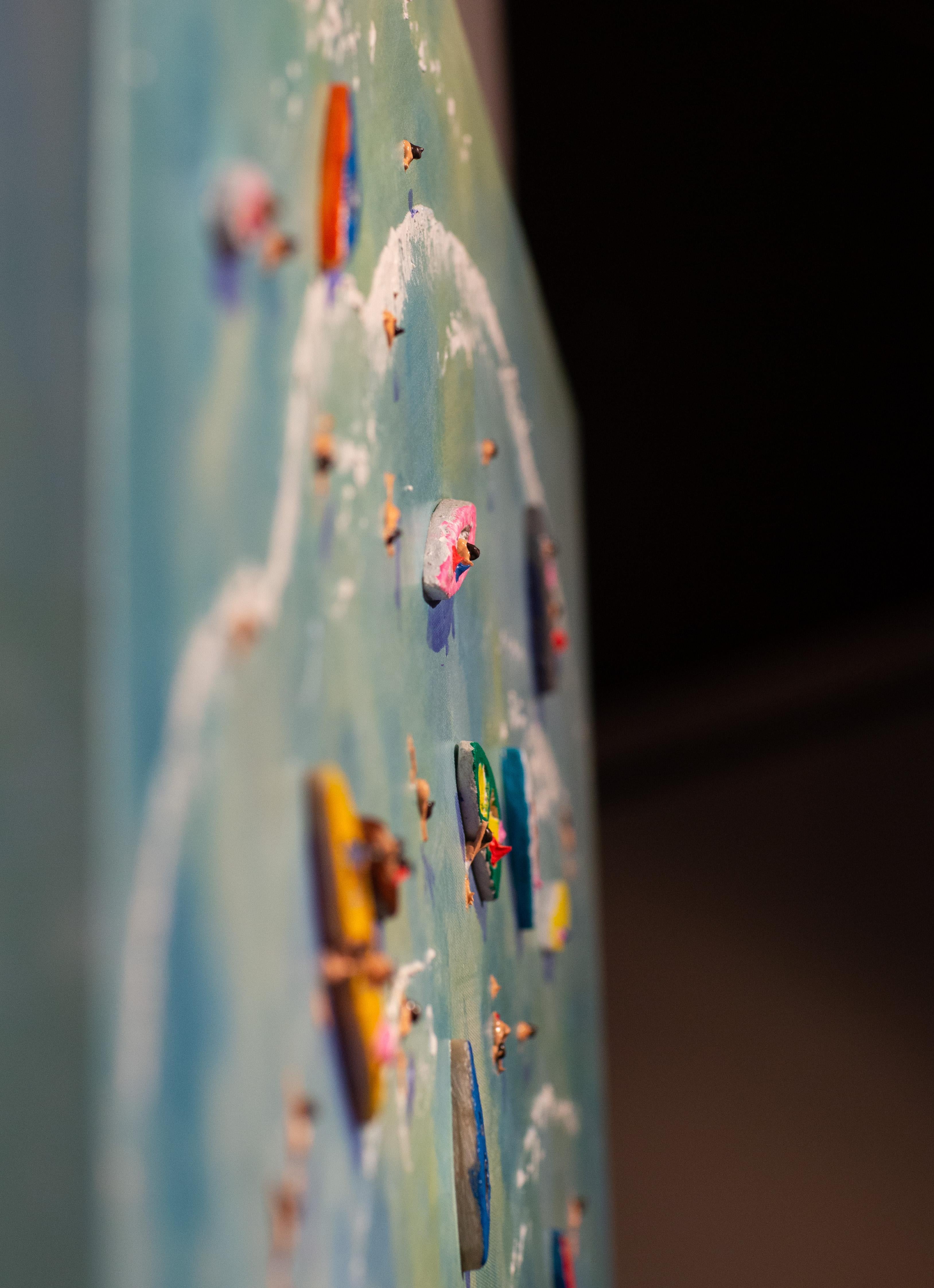 'Staying Afloat' Colourful Contemporary 3D Painting of boats on the water, blue  For Sale 1