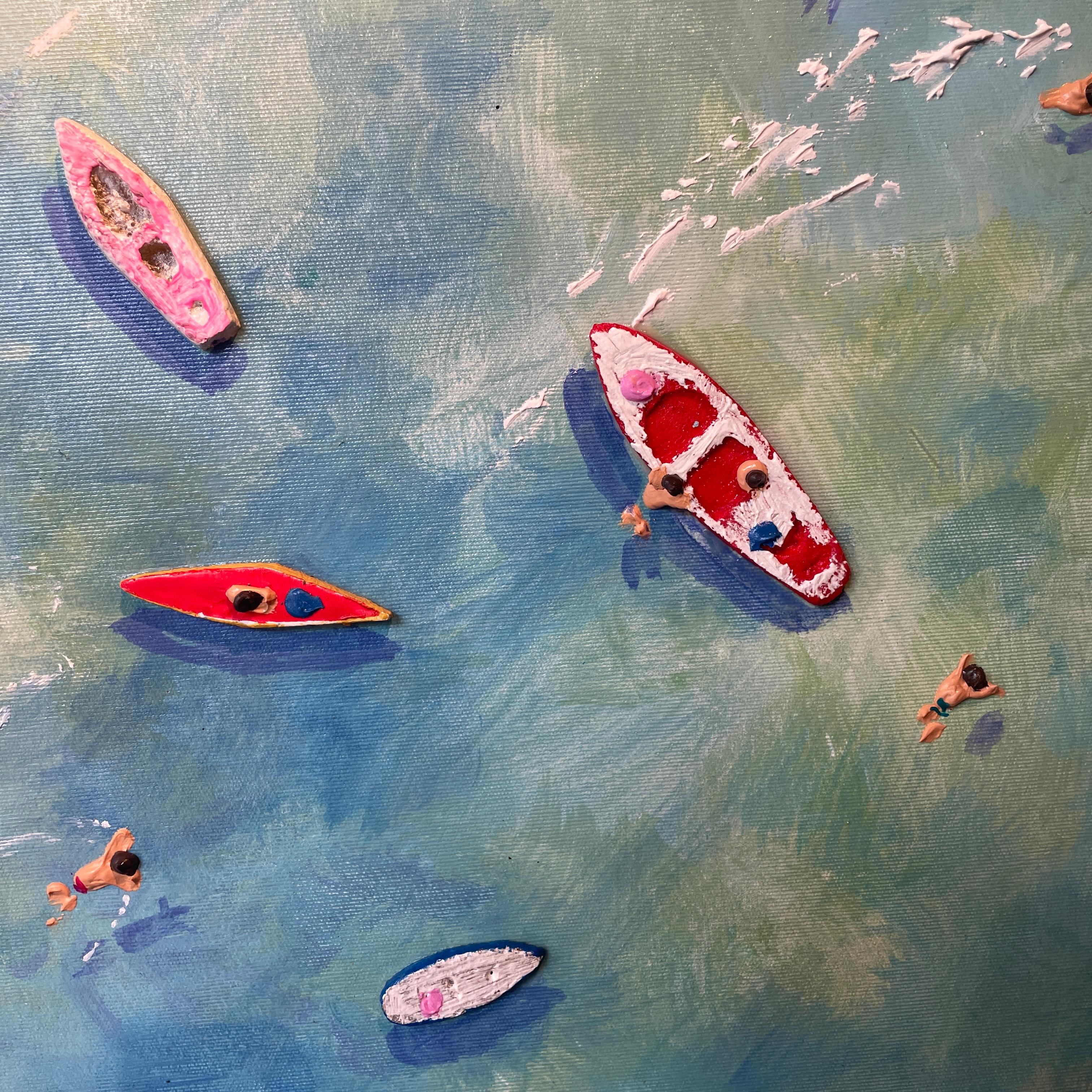 « Staying Afloat » - Peinture contemporaine colorée en 3D de bateaux sur l'eau, bleu  en vente 1