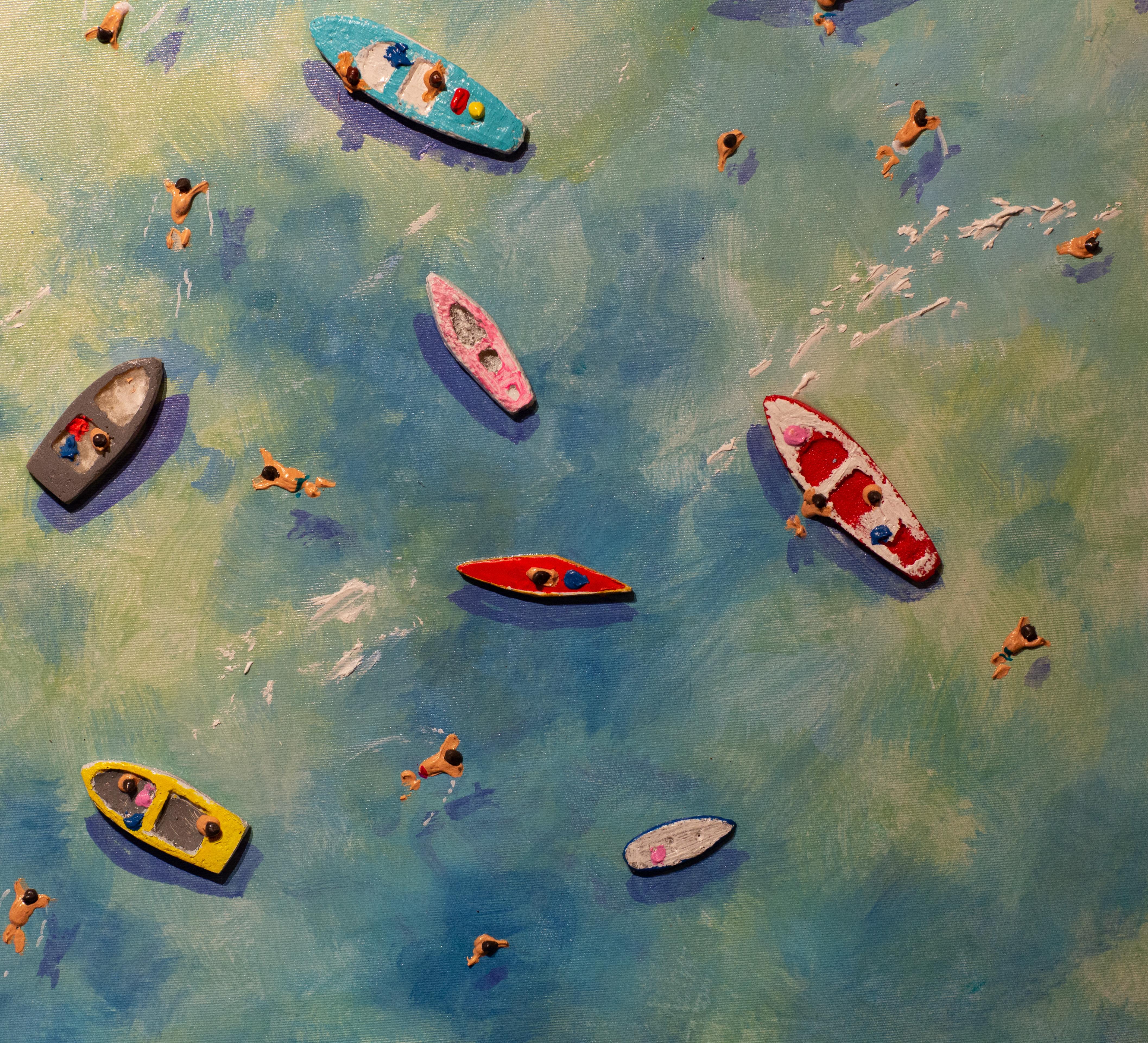« Staying Afloat » - Peinture contemporaine colorée en 3D de bateaux sur l'eau, bleu  en vente 2