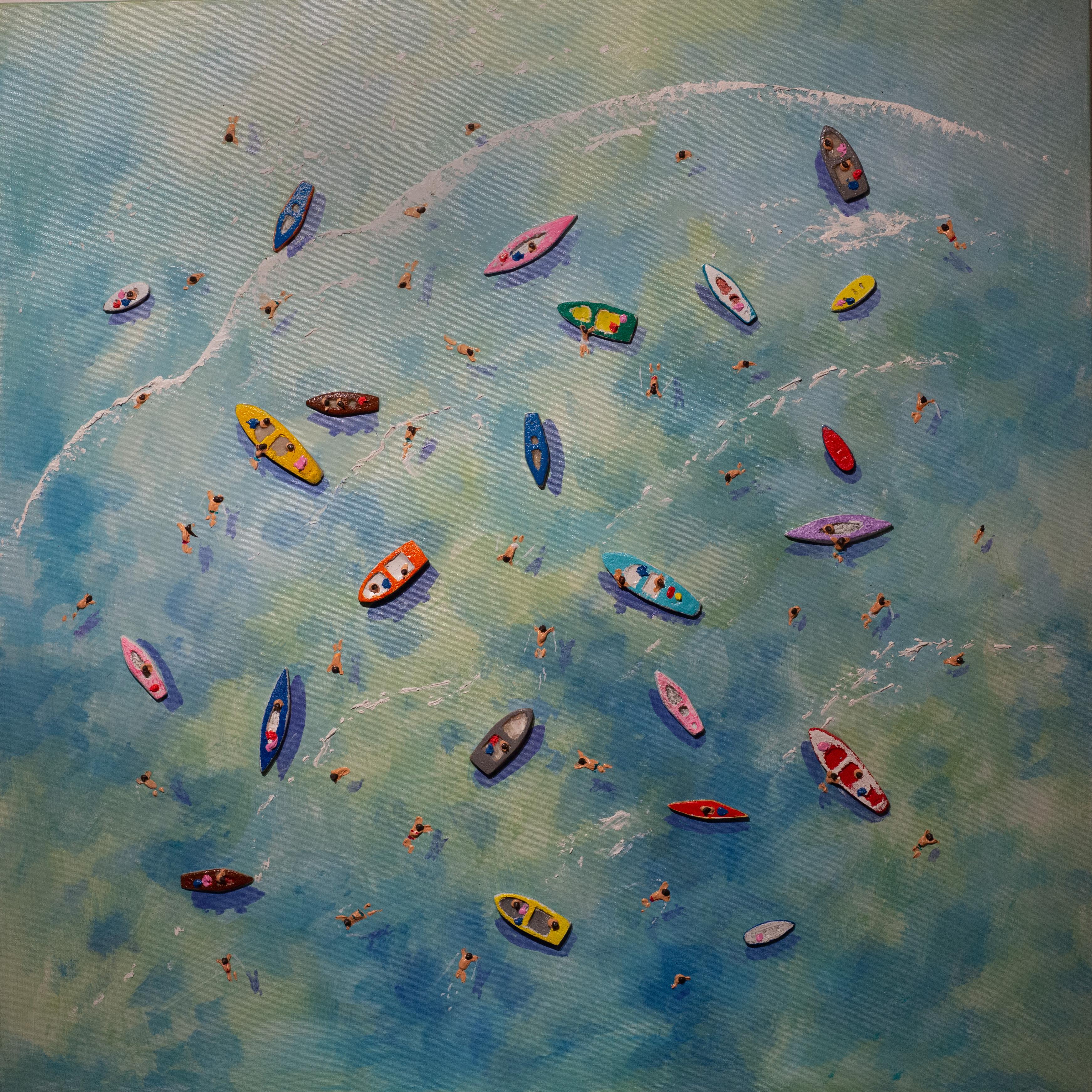 Landscape Painting Max Todd - « Staying Afloat » - Peinture contemporaine colorée en 3D de bateaux sur l'eau, bleu 