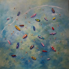 « Staying Afloat » - Peinture contemporaine colorée en 3D de bateaux sur l'eau, bleu 