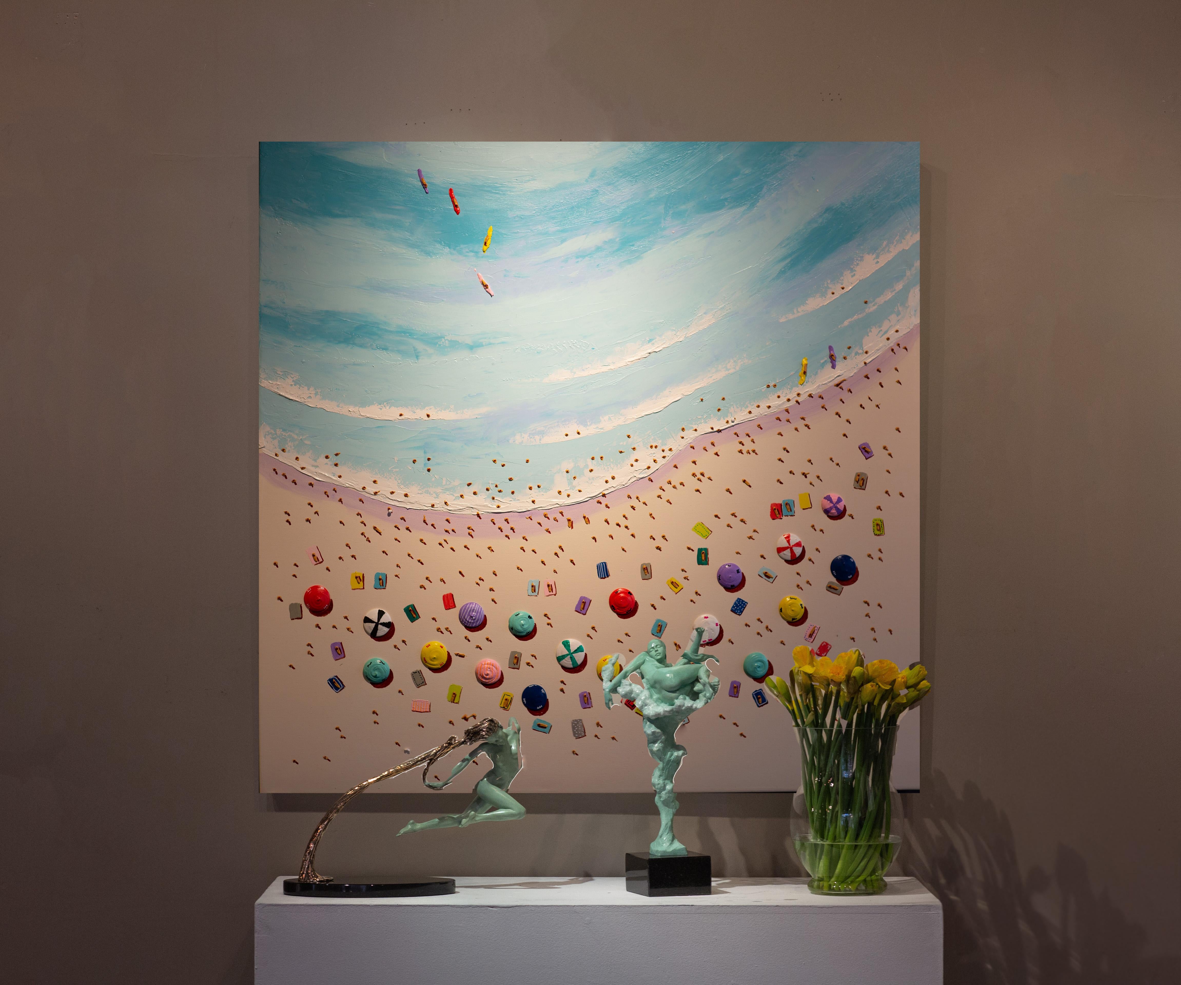 « Sunny Saturdays », peinture contemporaine colorée de bord de mer représentant des personnages et des parapluies - Painting de Max Todd
