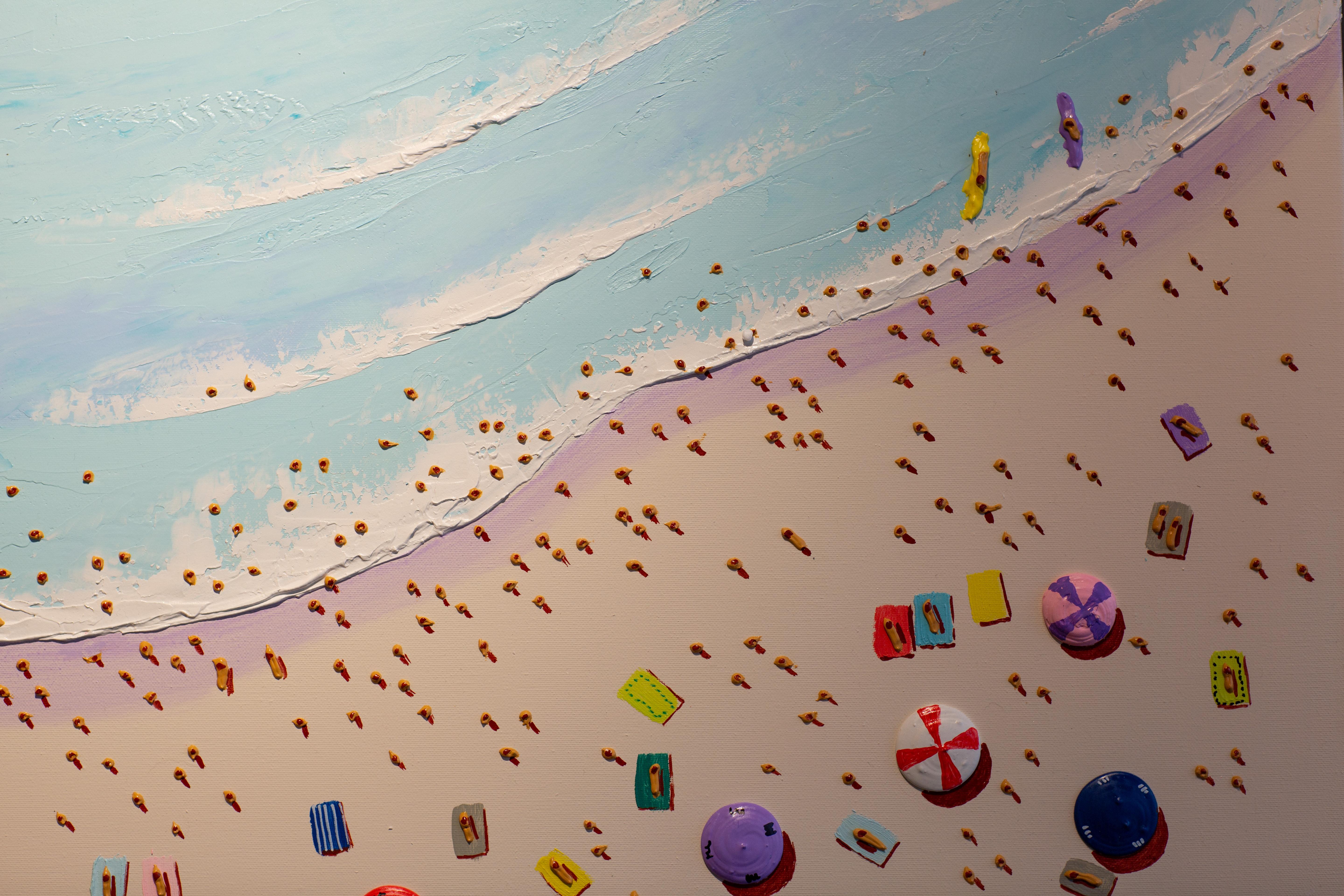« Sunny Saturdays », peinture contemporaine colorée de bord de mer représentant des personnages et des parapluies - Contemporain Painting par Max Todd