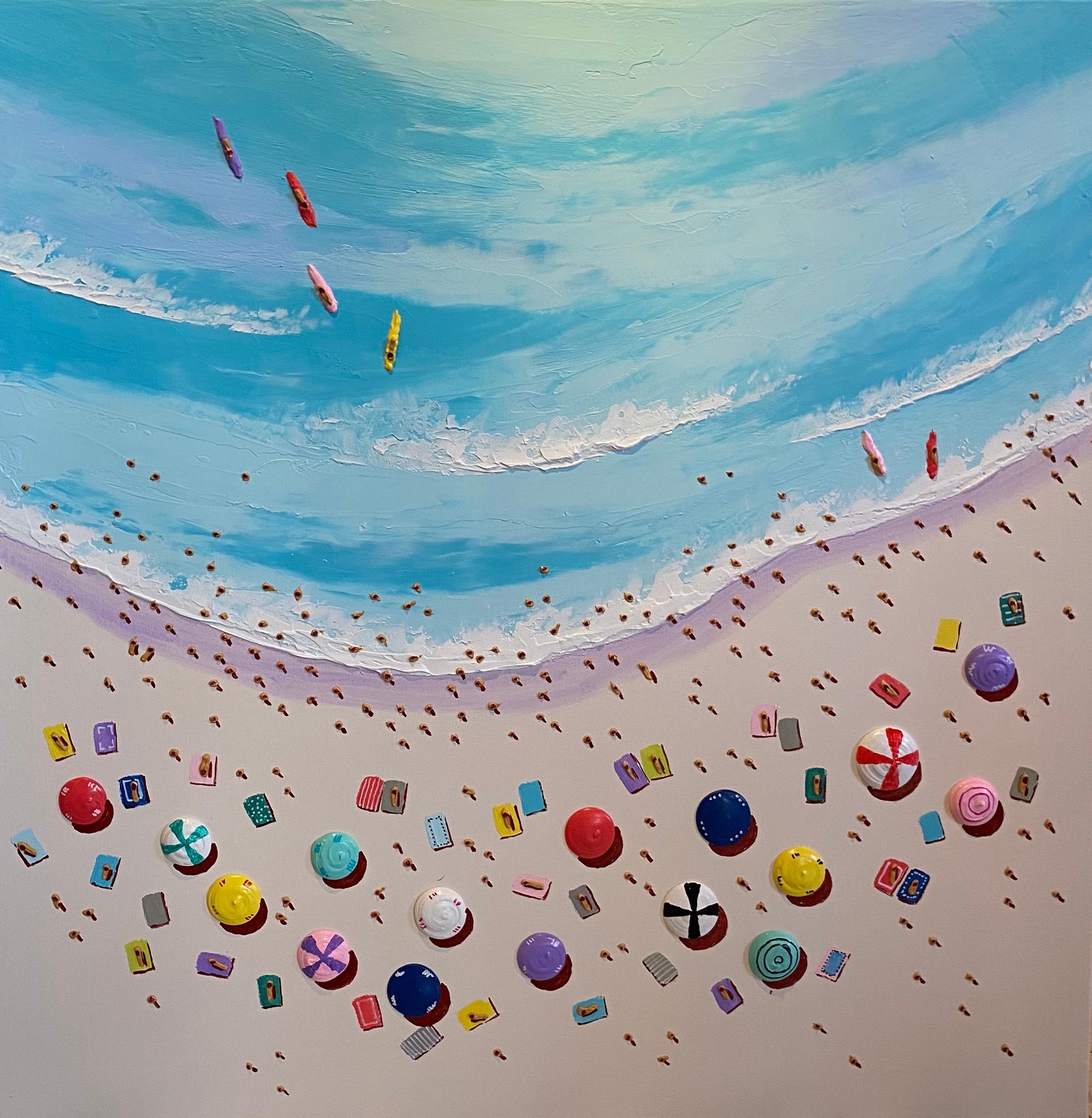 Max Todd Landscape Painting - 'Surfers Paradise' Contemporary colourful 3D Beach scene with water & figures