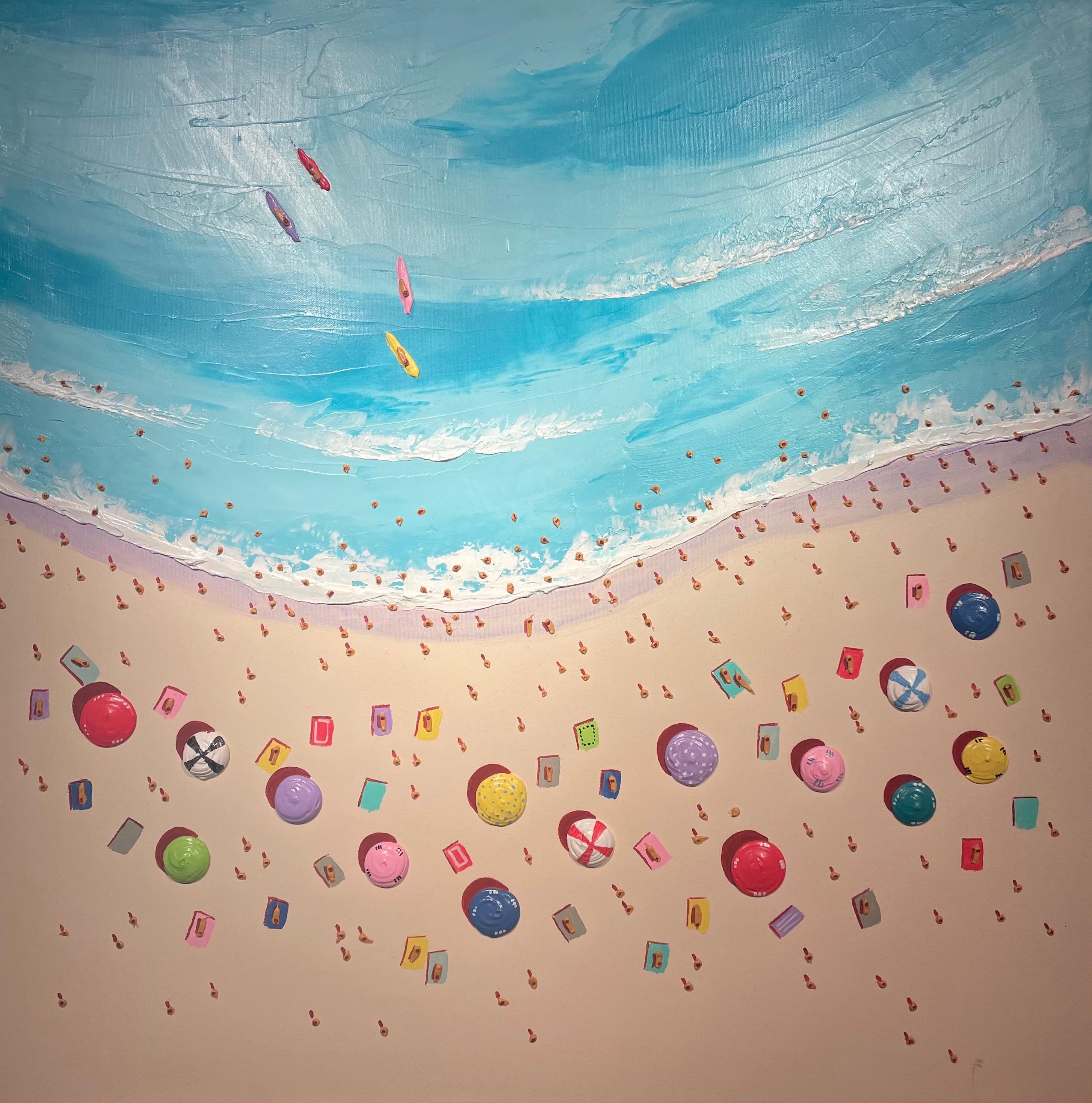 Max Todd Landscape Painting - 'Surfs Up' Contemporary Colourful 3D Painting of the sea, figures and surfers