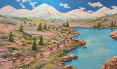 'The Cycle Path' Contemporary Landscape & Figurative Painting of mountains, lake