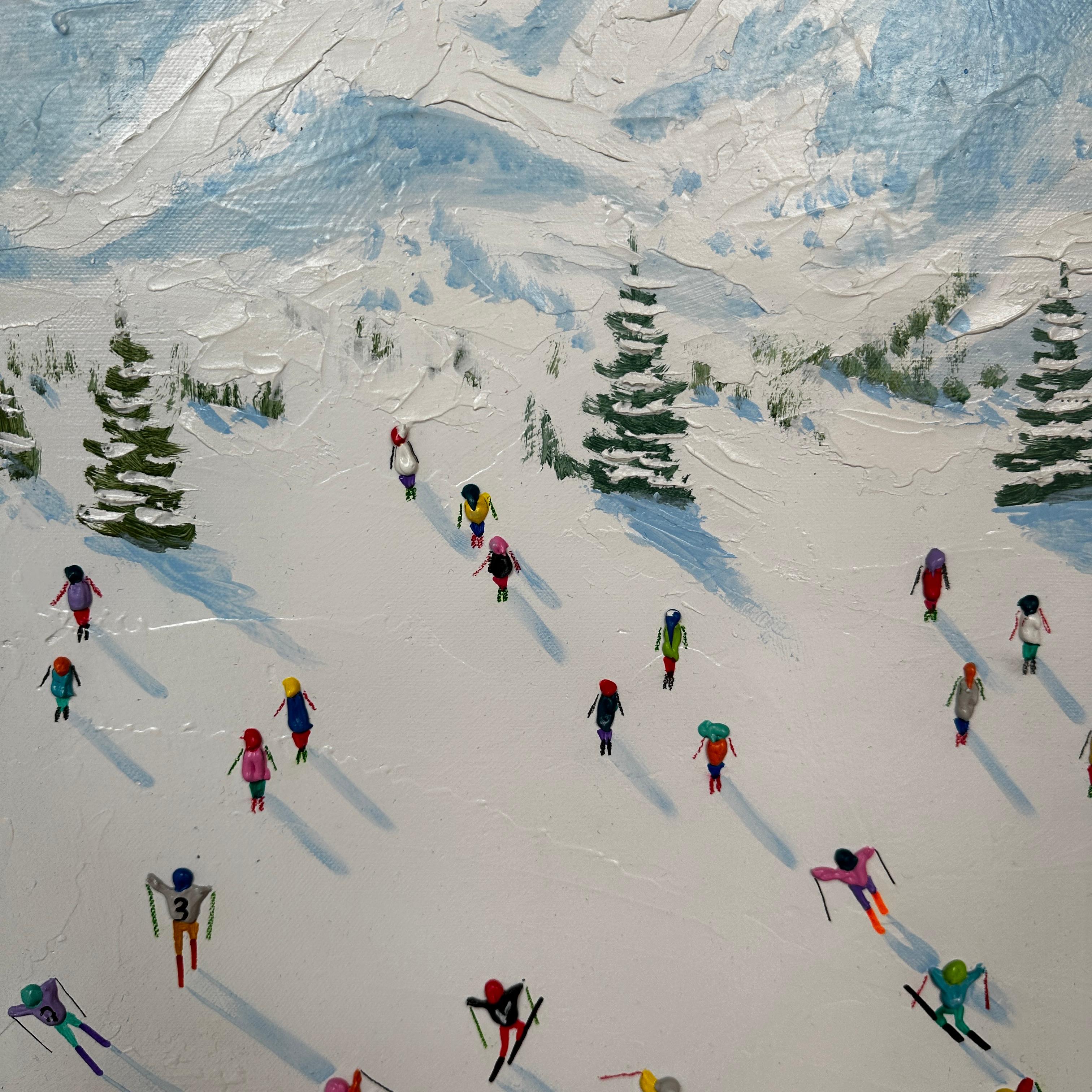 'The Ski Trip' Contemporary 3D painting of figures, mountains, slopes and trees - Painting by Max Todd