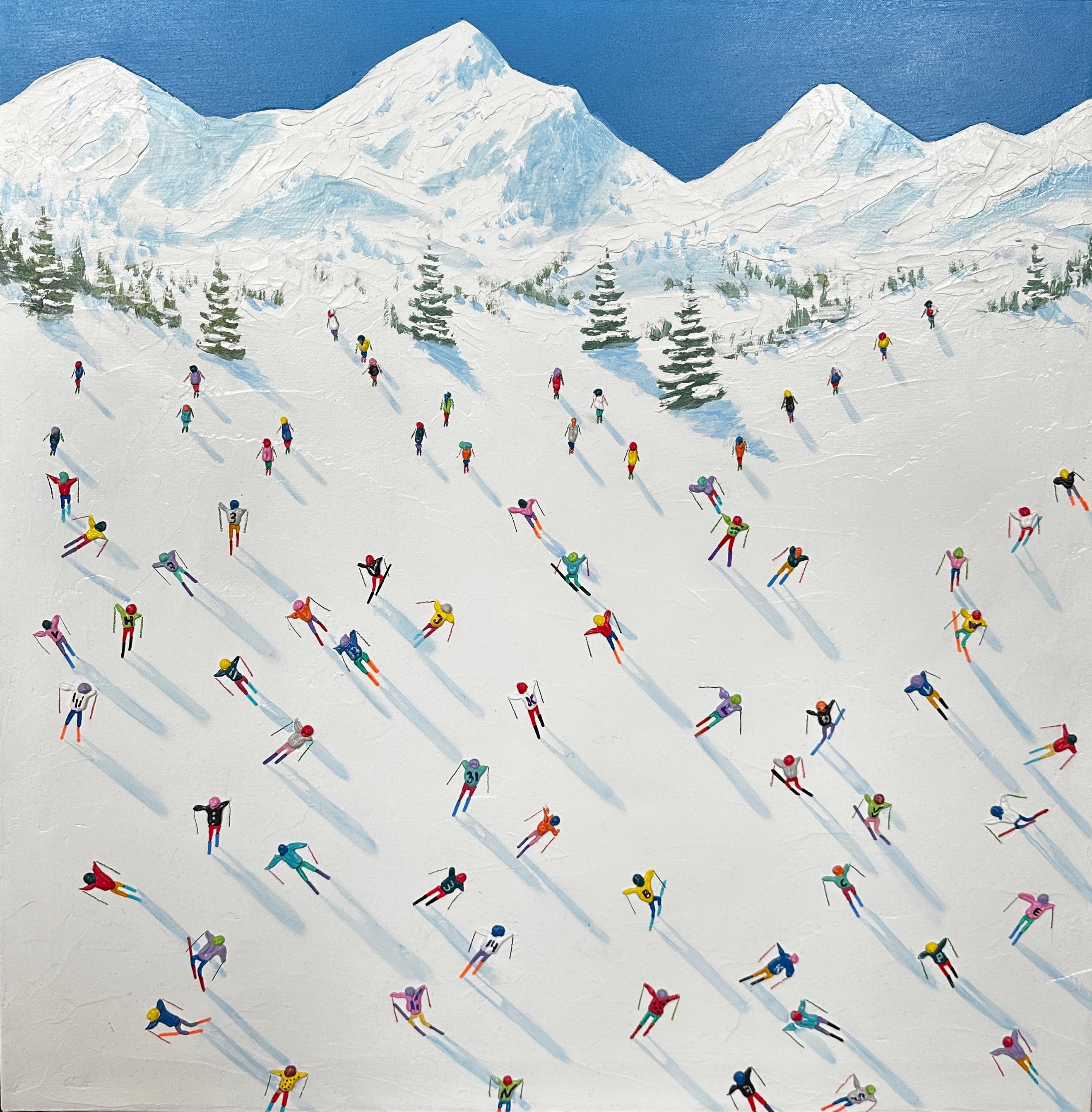 Max Todd Landscape Painting - 'The Ski Trip' Contemporary 3D painting of figures, mountains, slopes and trees