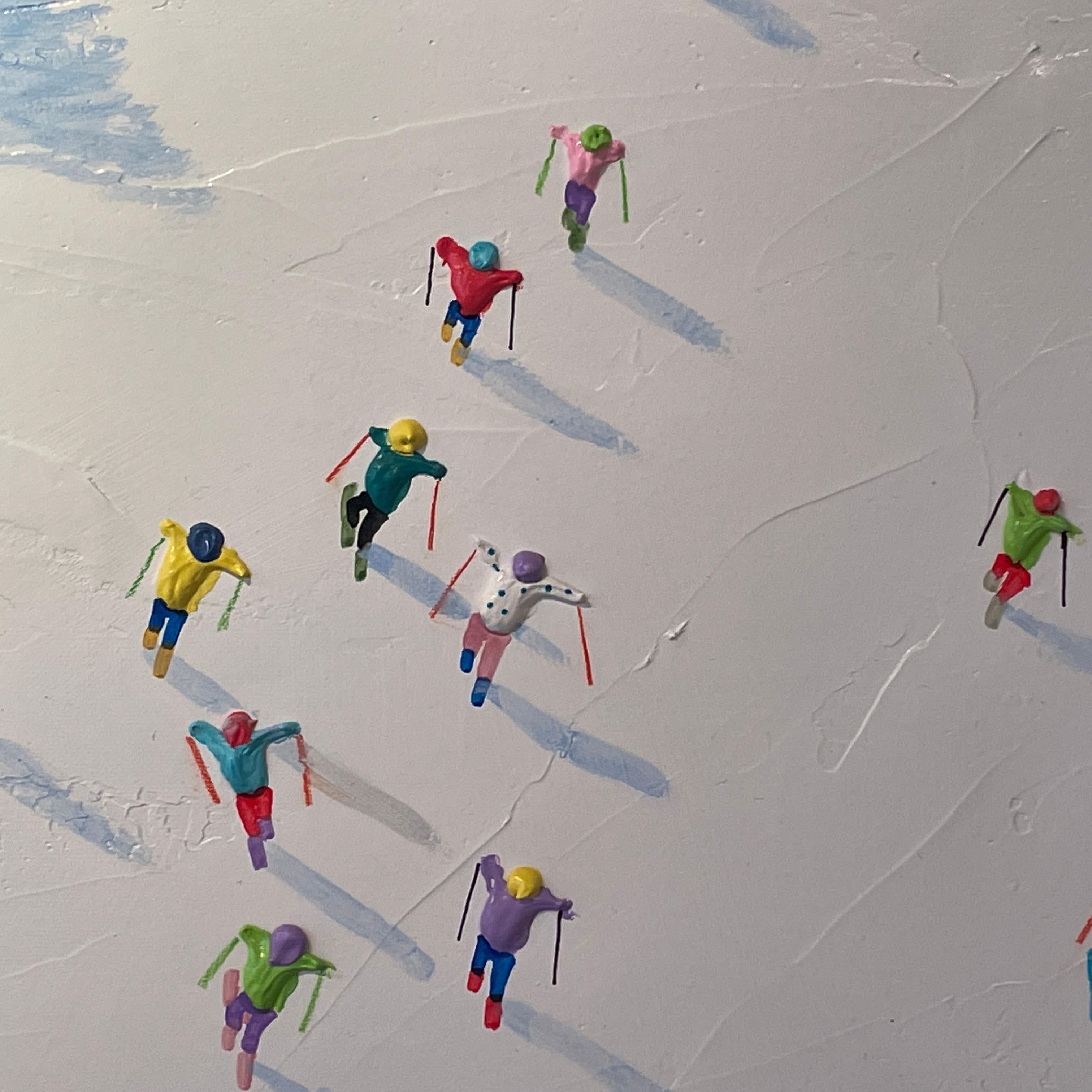 'Winter Break' Contemporary Landscape painting of skiers on the mountain, figure - Painting by Max Todd