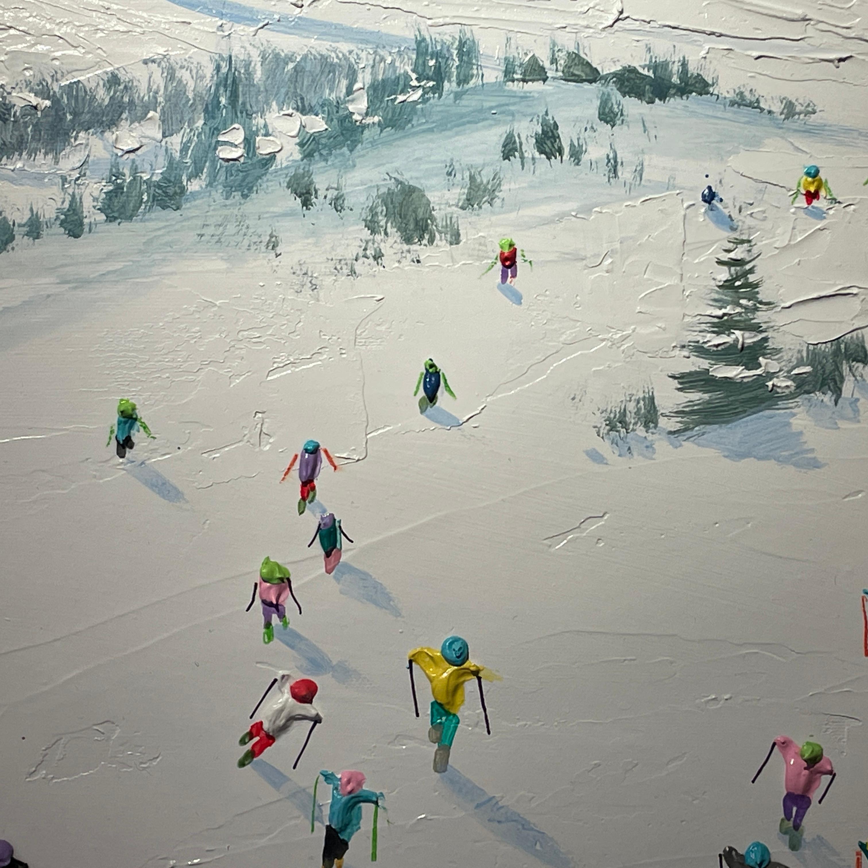 'Winter Break' is a fun and vibrant contemporary 3D painting of skiers, mountains, trees and figures by Max Todd. Inspired by skiing holidays Todd has created a work that makes you dream of the slopes! 

Max Todd uses contemporary techniques to