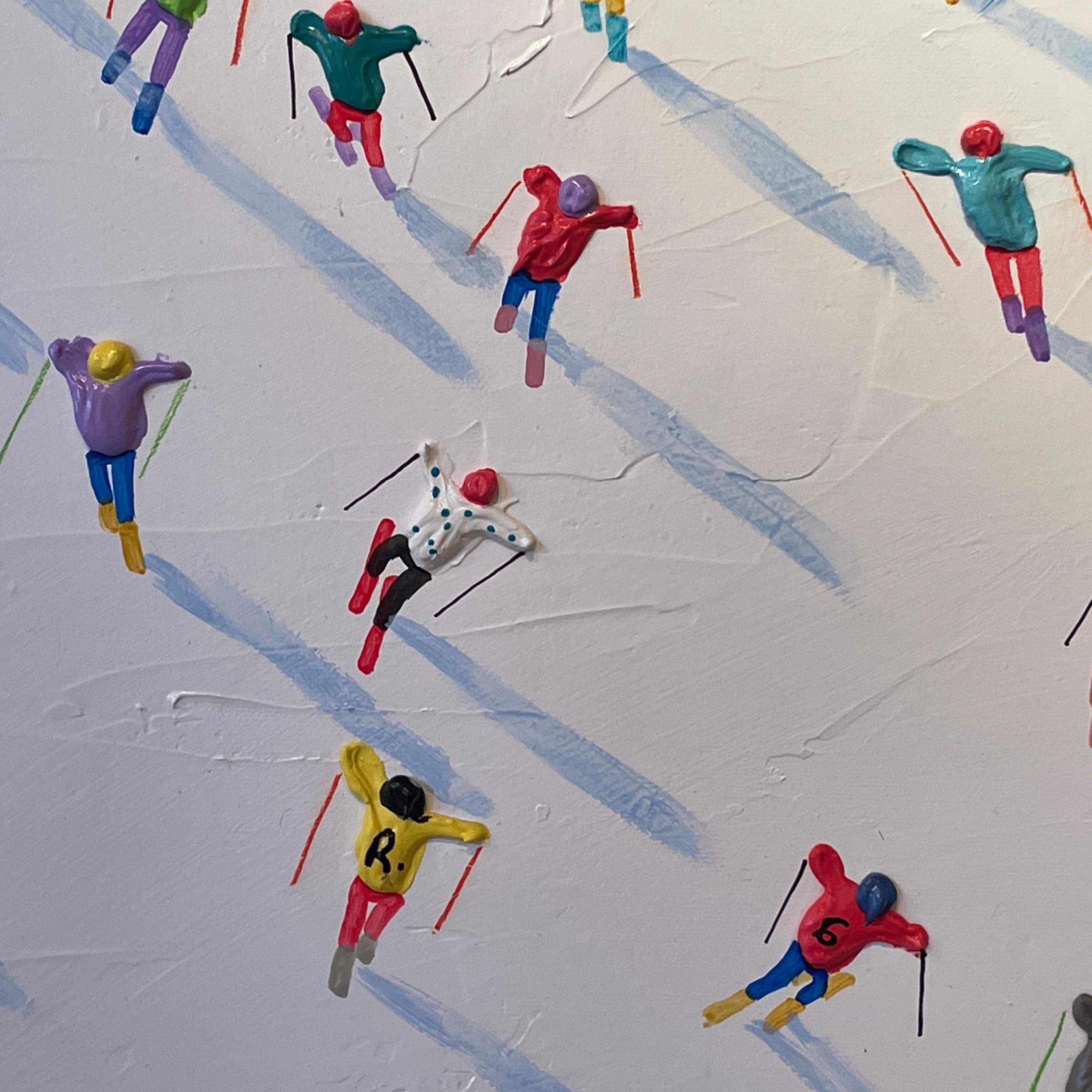 'Winter Break' Contemporary Landscape painting of skiers on the mountain, figure 1