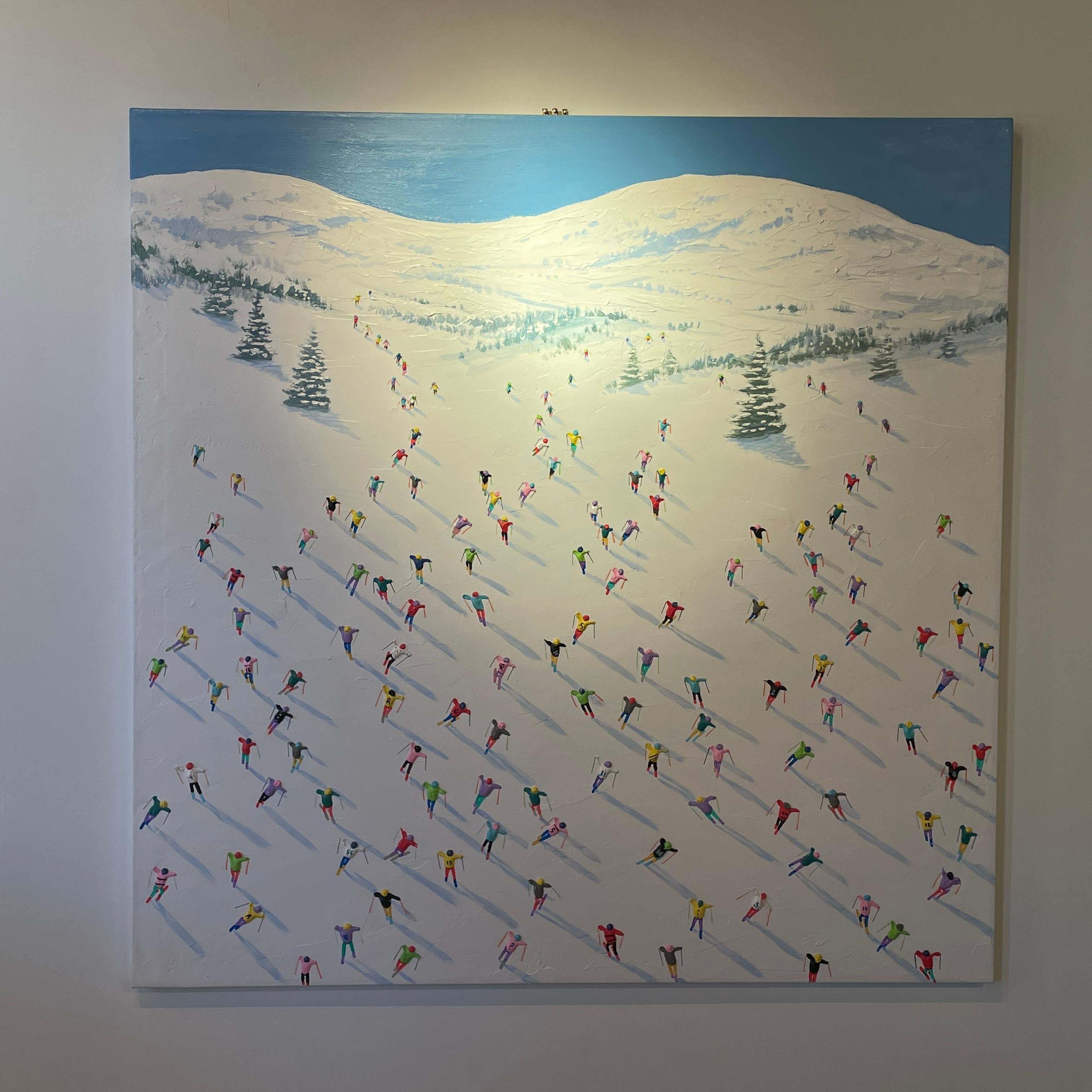 'Winter Break' Contemporary Landscape painting of skiers on the mountain, figure 2