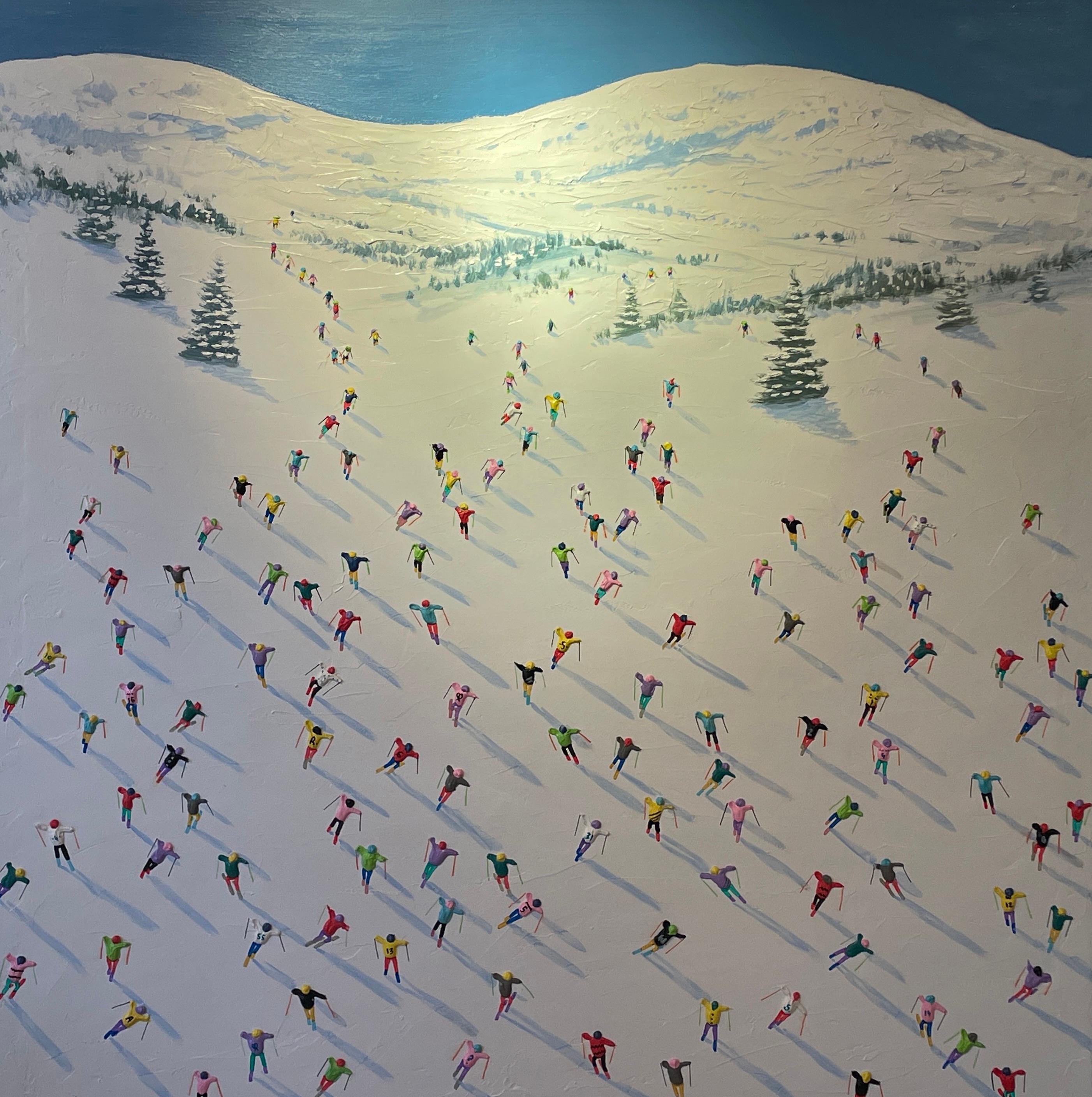 Max Todd Landscape Painting - 'Winter Break' Contemporary Landscape painting of skiers on the mountain, figure