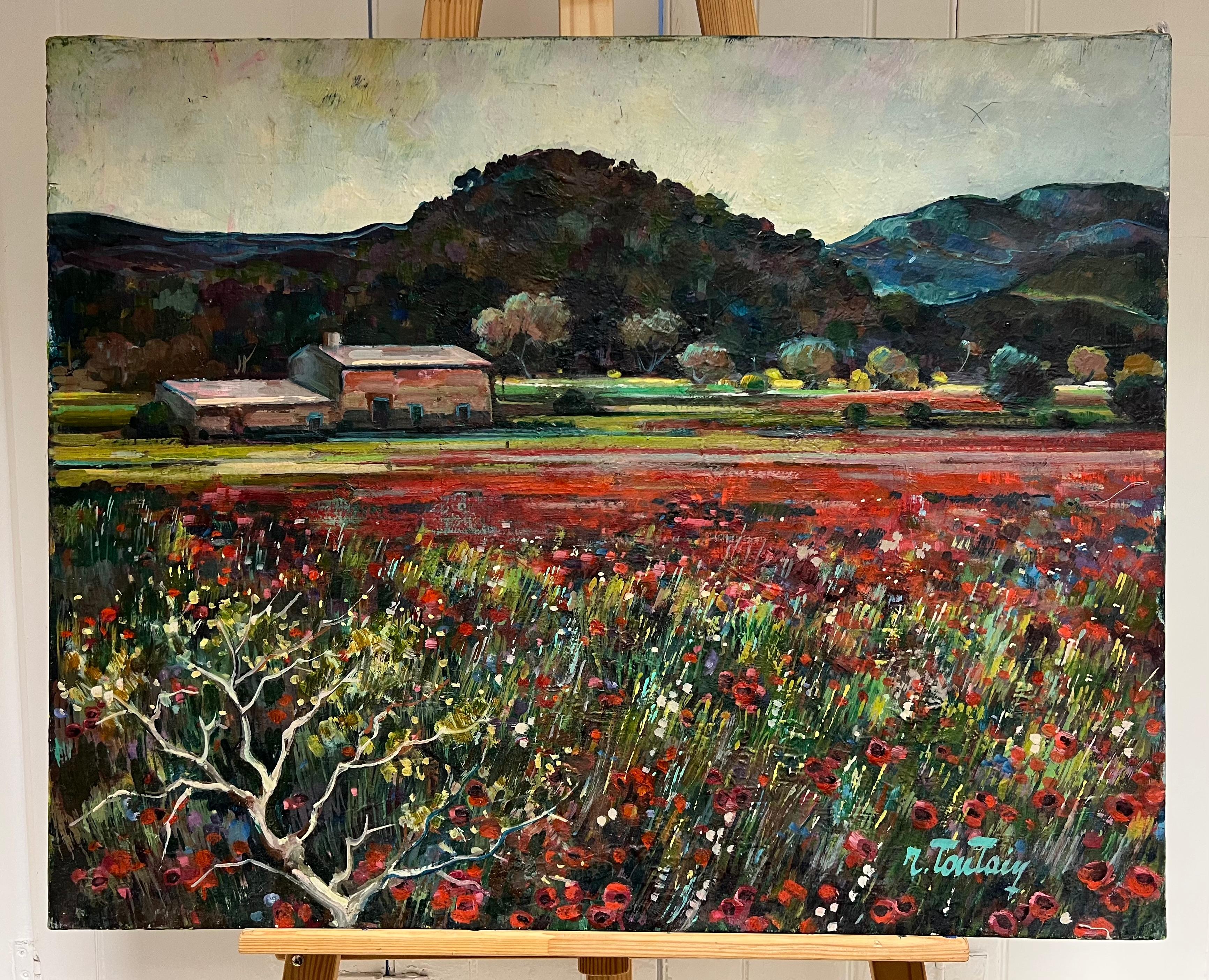 Gran óleo francés de los años 50 Paisaje de campos de amapolas en Provenza - Painting de Max Toutain