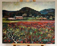 1950's Large French Oil Painting Poppy Fields in Provence Landscape