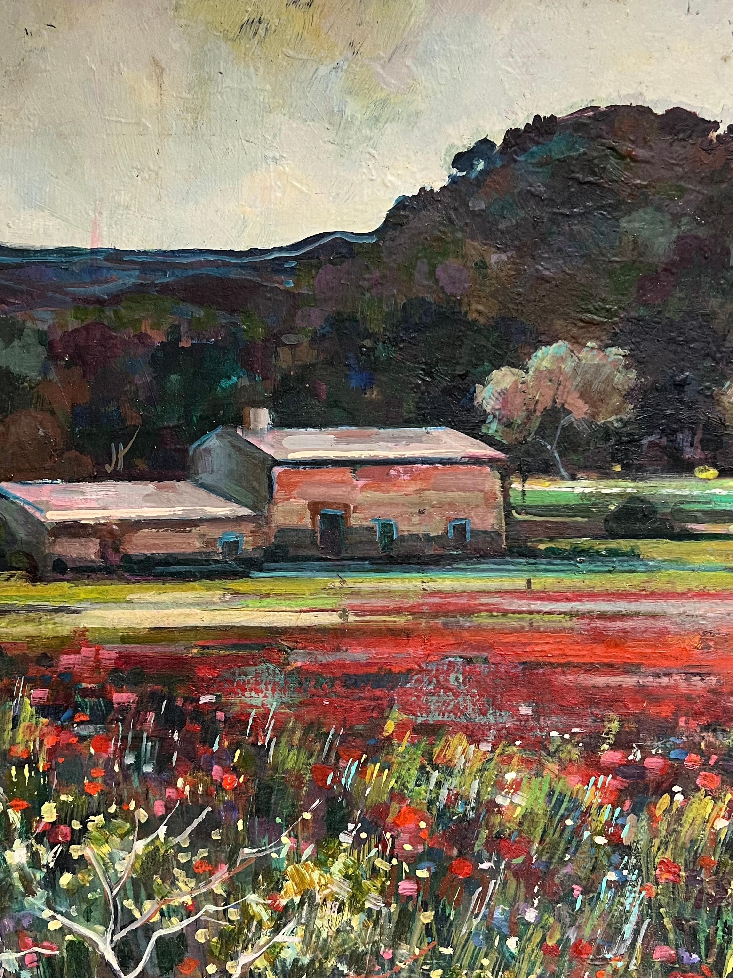 Gran óleo francés de los años 50 Paisaje de campos de amapolas en Provenza - Painting Posimpresionista de Max Toutain