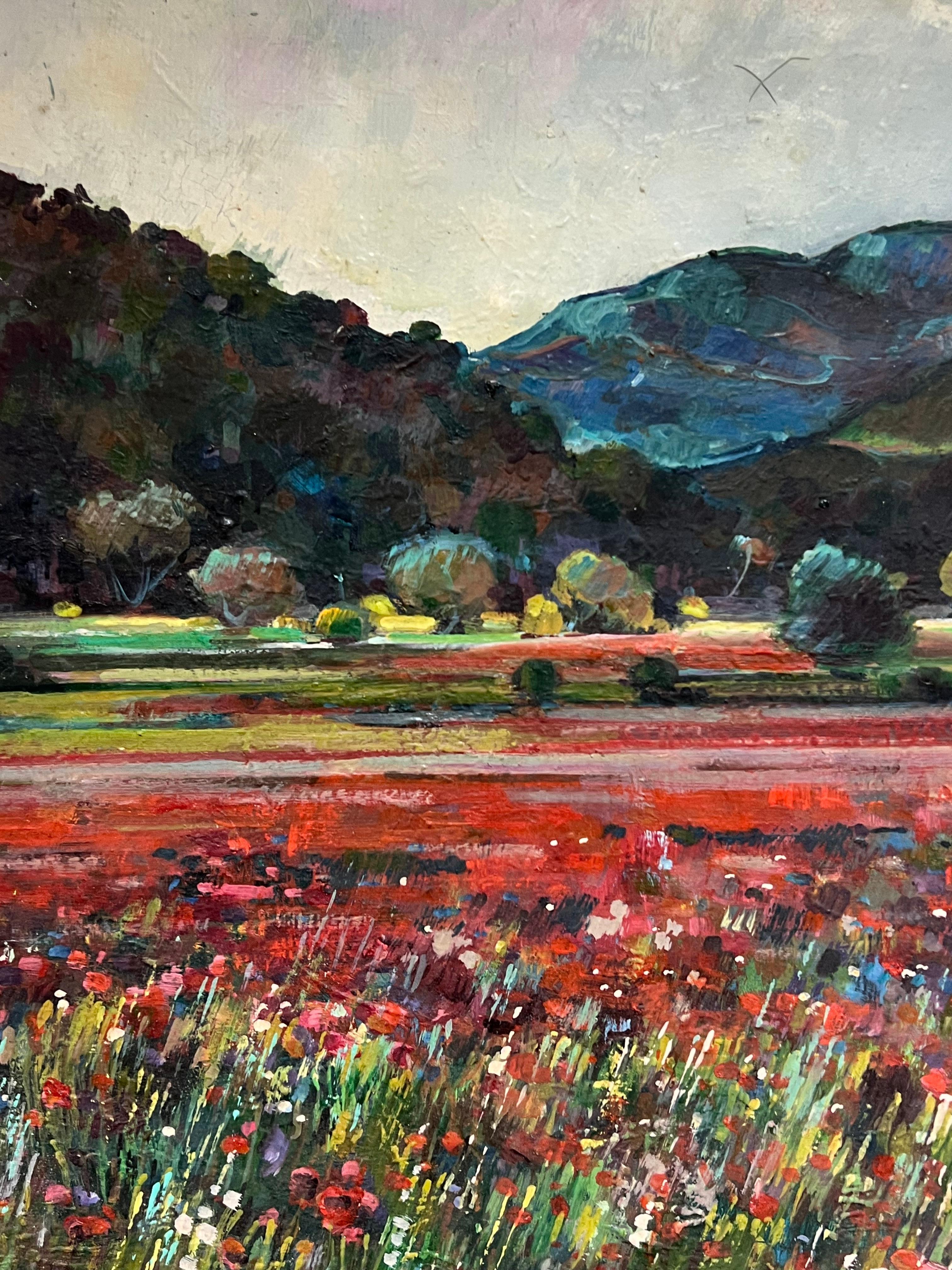 Gran óleo francés de los años 50 Paisaje de campos de amapolas en Provenza - Landscape Painting Negro de Max Toutain