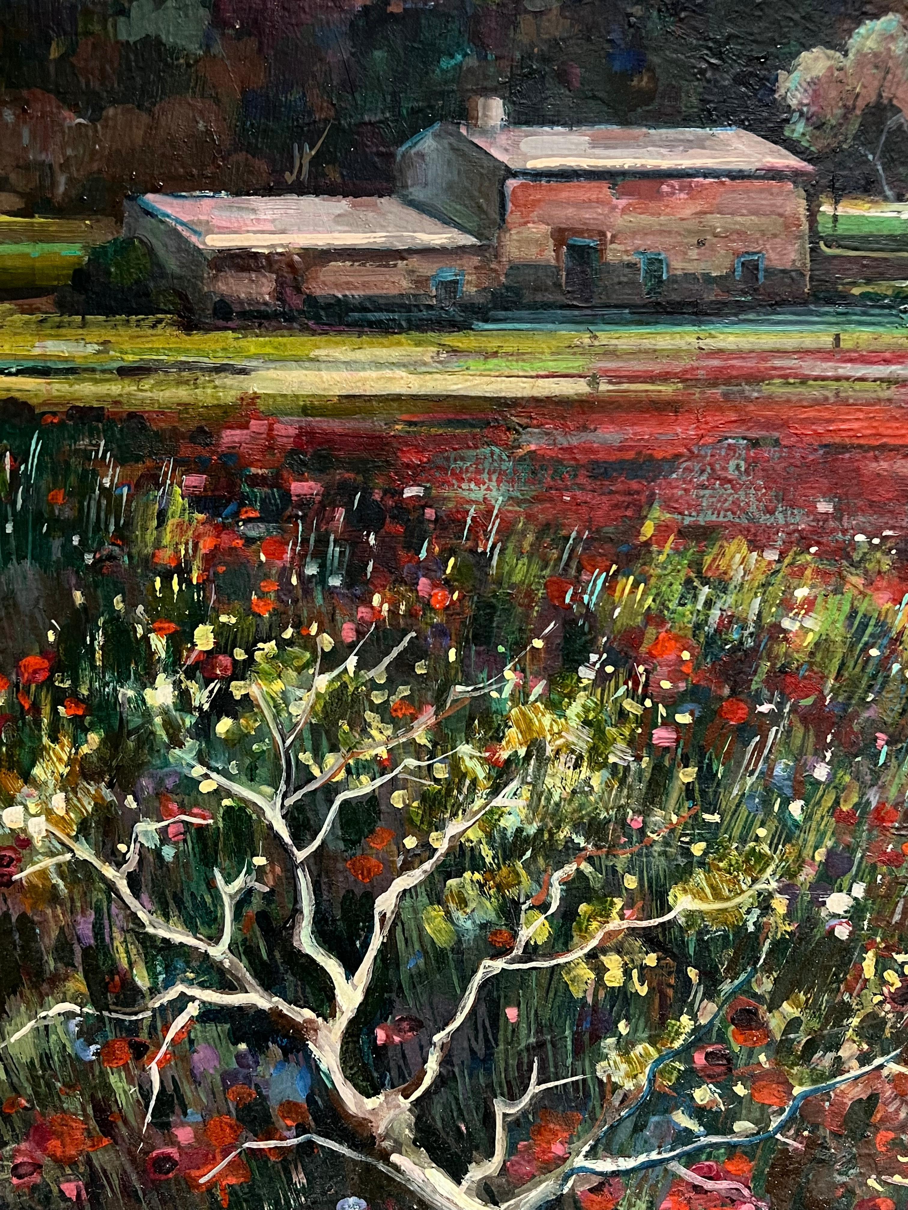 Gran óleo francés de los años 50 Paisaje de campos de amapolas en Provenza en venta 1