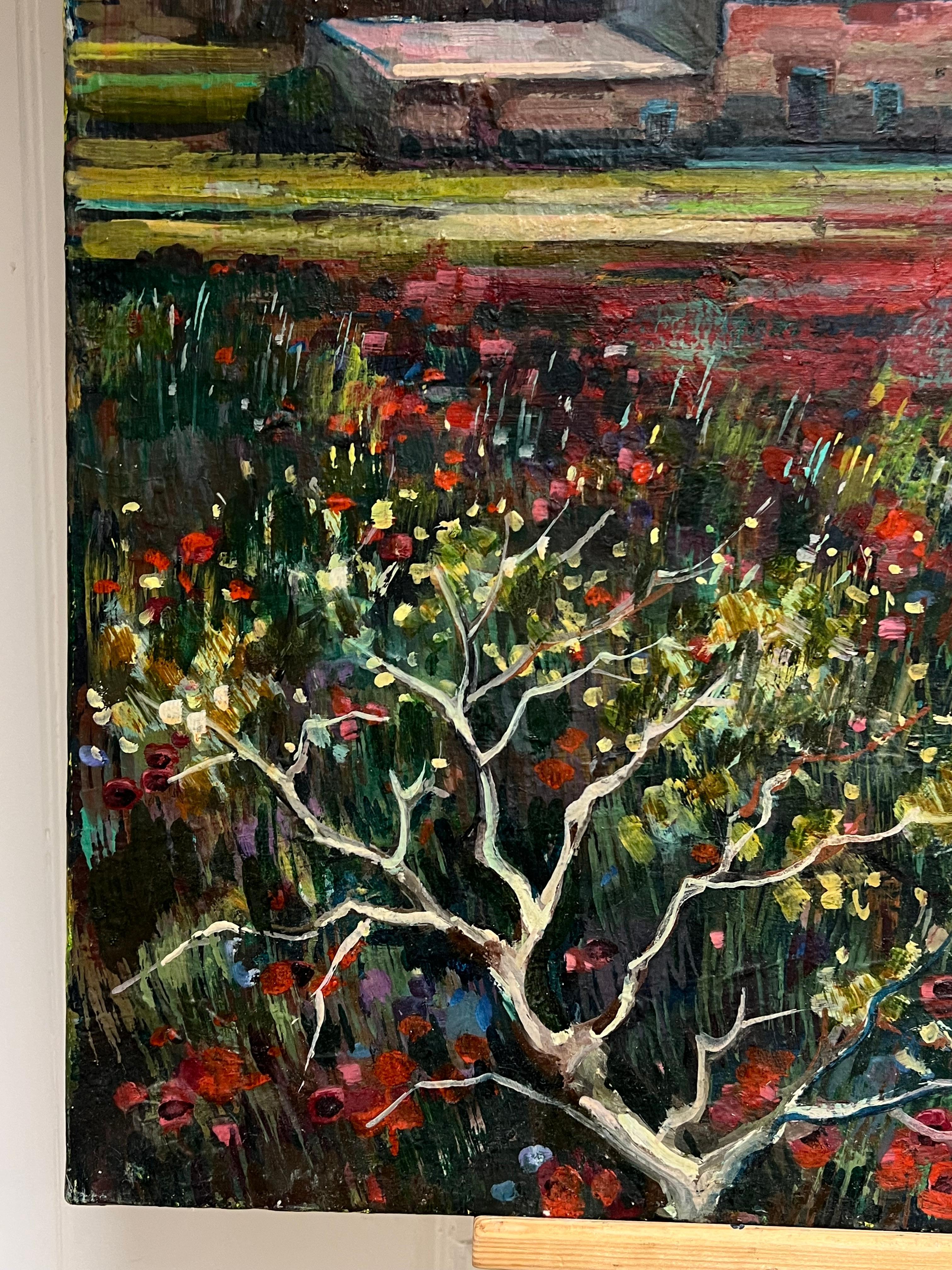 Gran óleo francés de los años 50 Paisaje de campos de amapolas en Provenza en venta 2