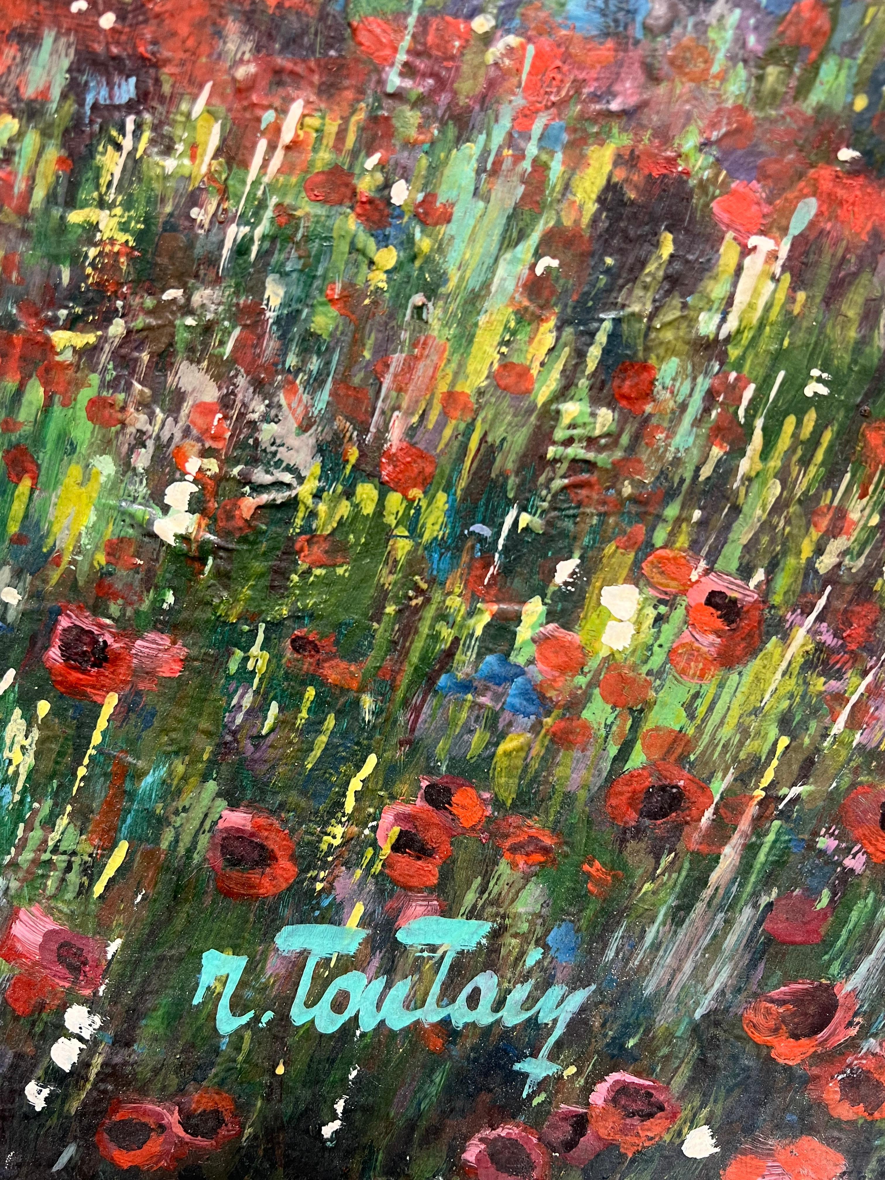Gran óleo francés de los años 50 Paisaje de campos de amapolas en Provenza en venta 3