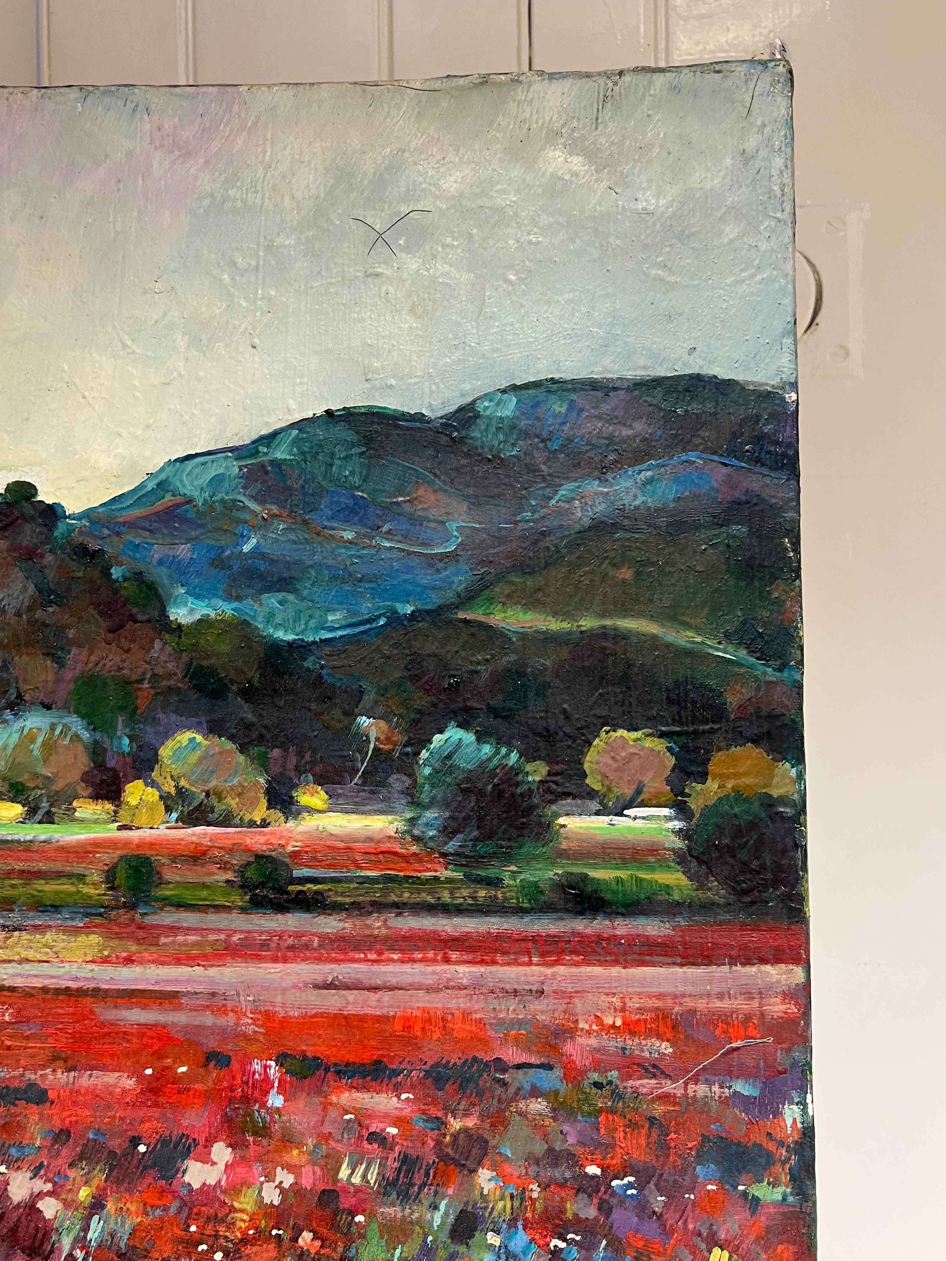 Gran óleo francés de los años 50 Paisaje de campos de amapolas en Provenza en venta 4